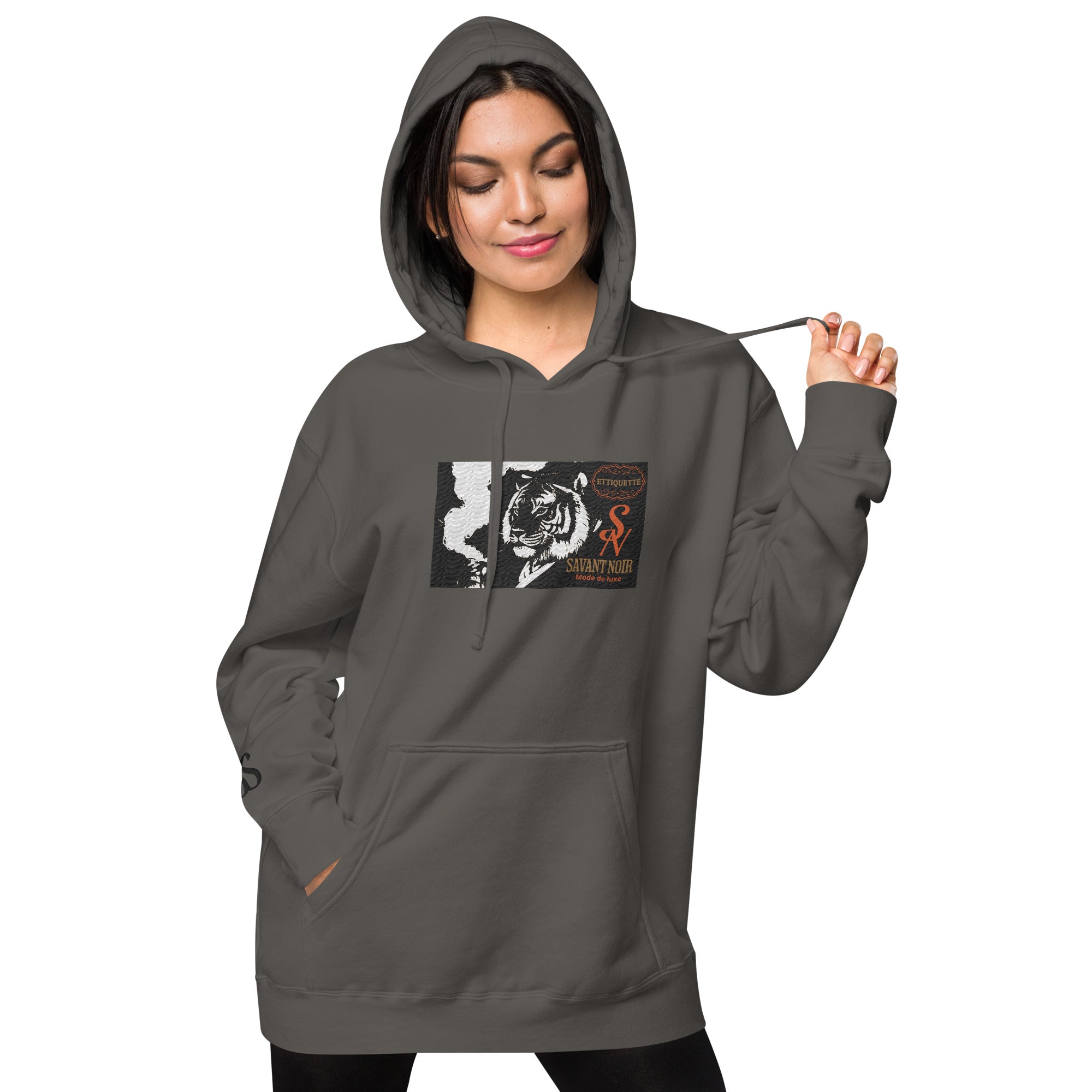 SAVANT NOIR embroidered luxury hoodie in dark gray with graphic tiger design worn by woman