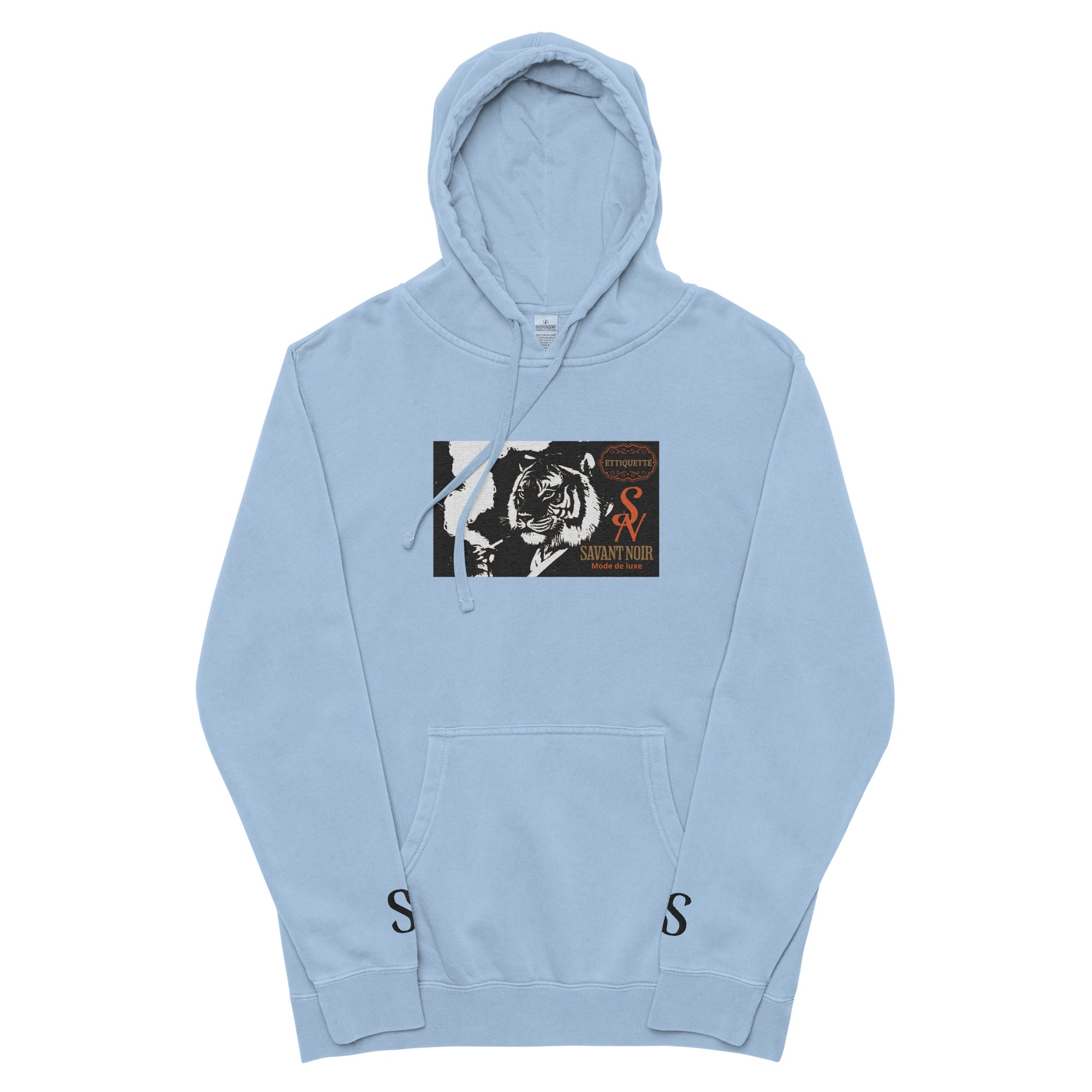 Light blue embroidered luxury hoodie by SAVANT NOIR featuring a tiger graphic and front pocket