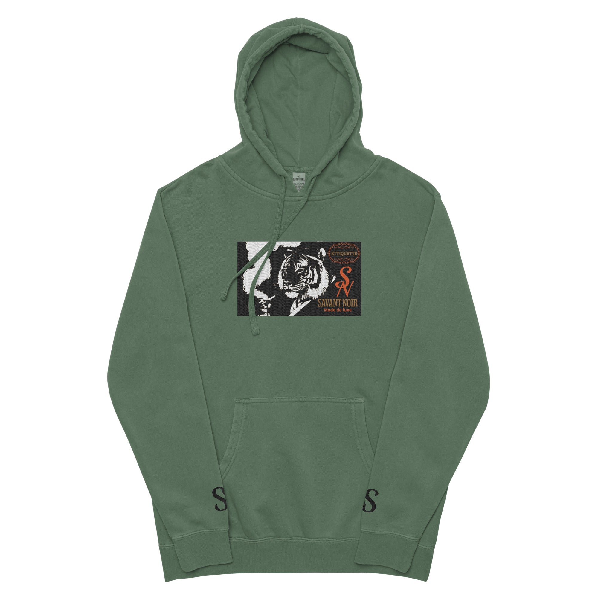 SAVANT NOIR embroidered luxury hoodie in green with tiger graphic and front pocket