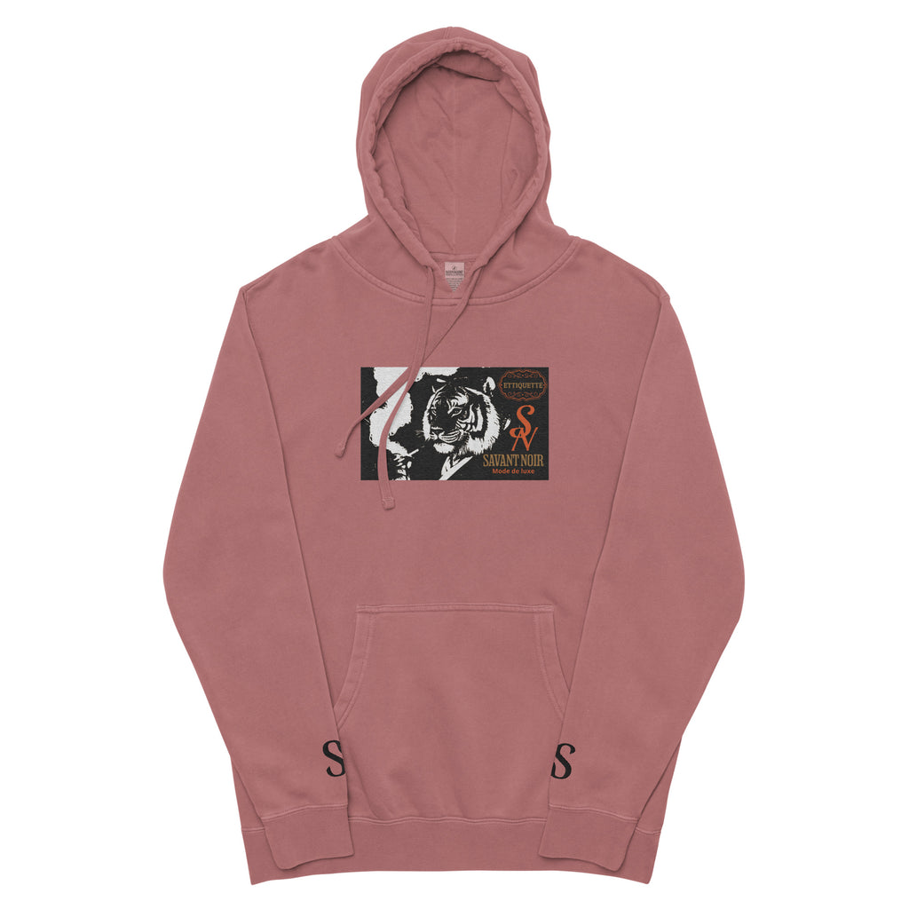 SAVANT NOIR embroidered luxury hoodie in dusty rose with tiger graphic and front pocket