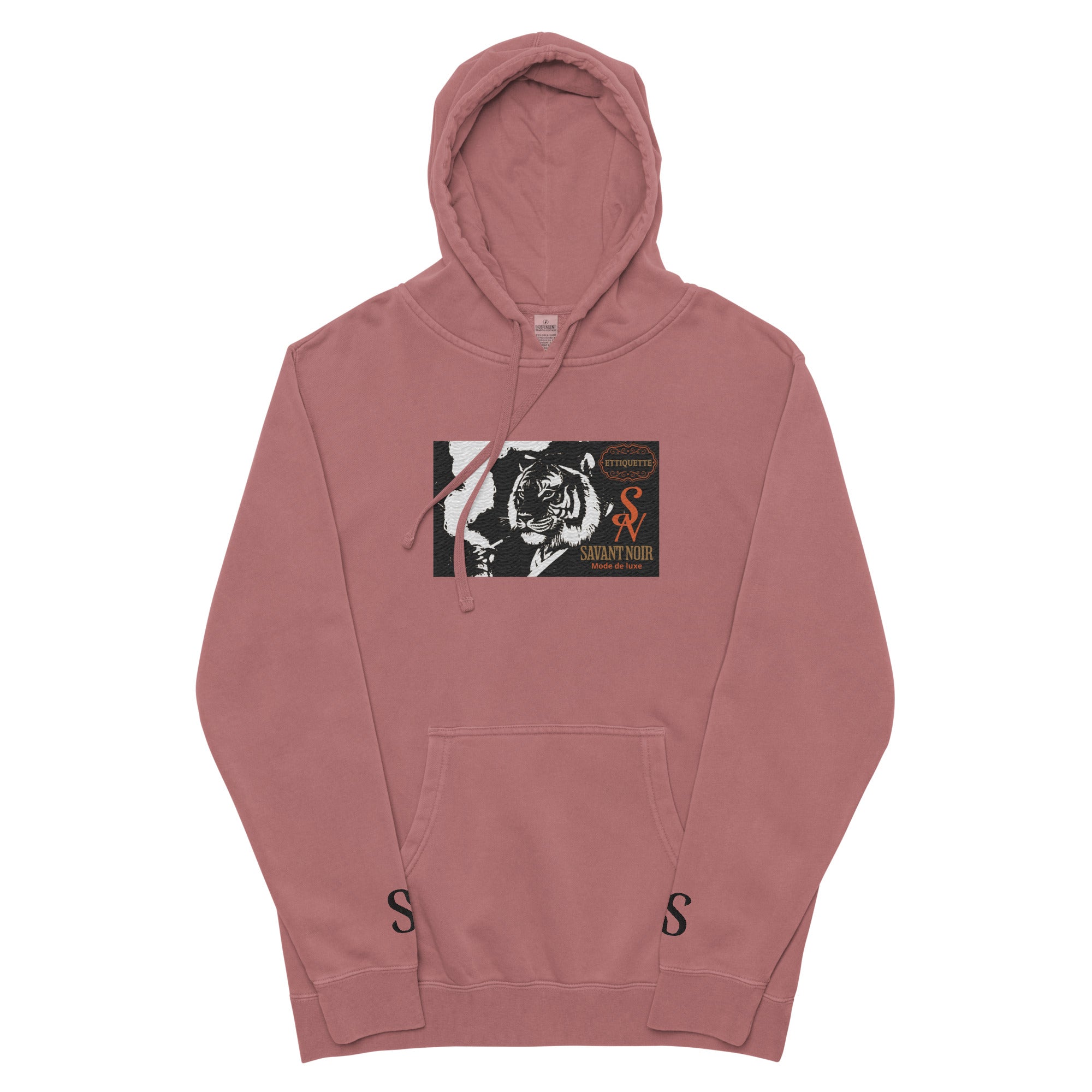 SAVANT NOIR embroidered luxury hoodie in dusty rose with tiger graphic and front pocket