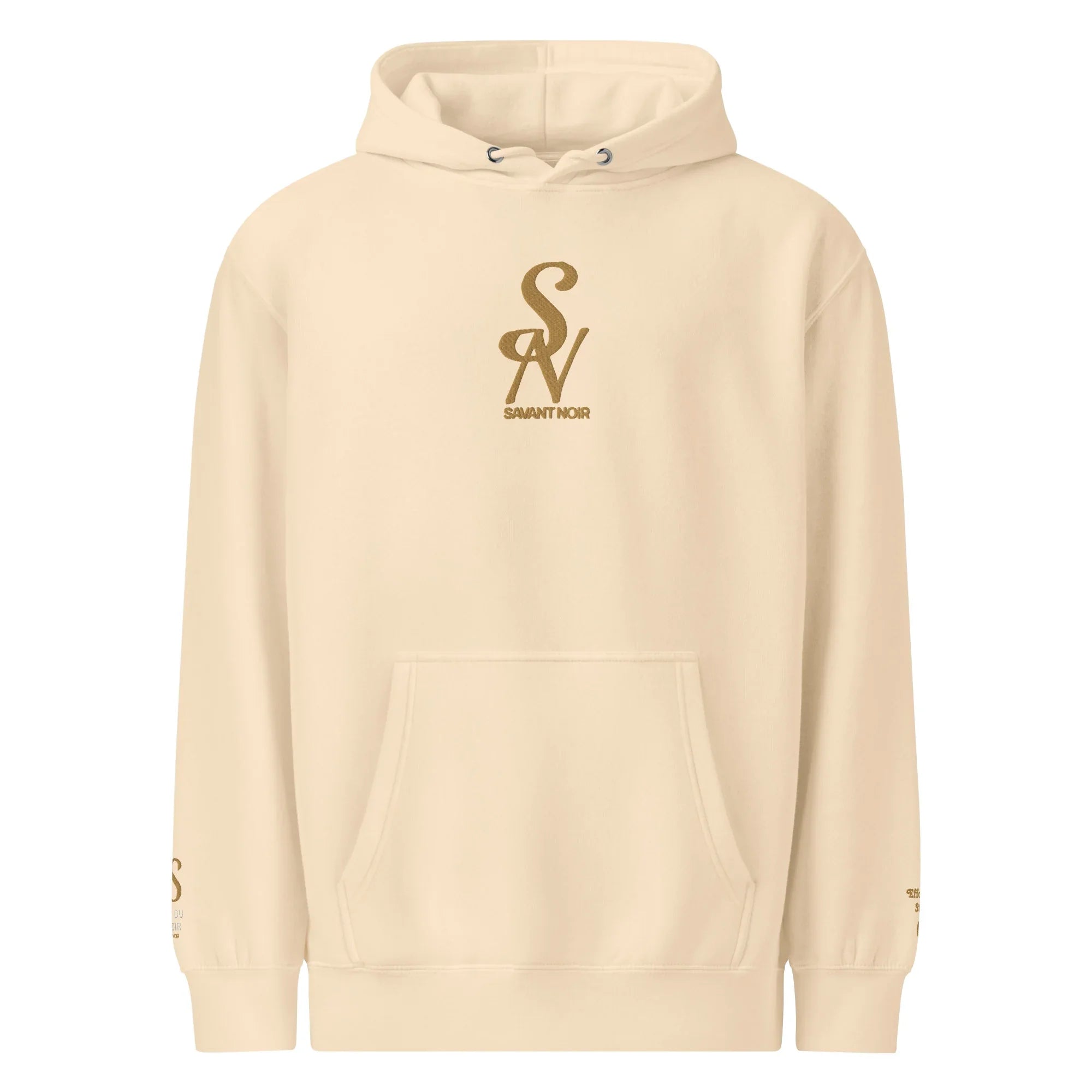 SAVANT NOIR beige luxury minimalist hoodie with front logo and kangaroo pocket