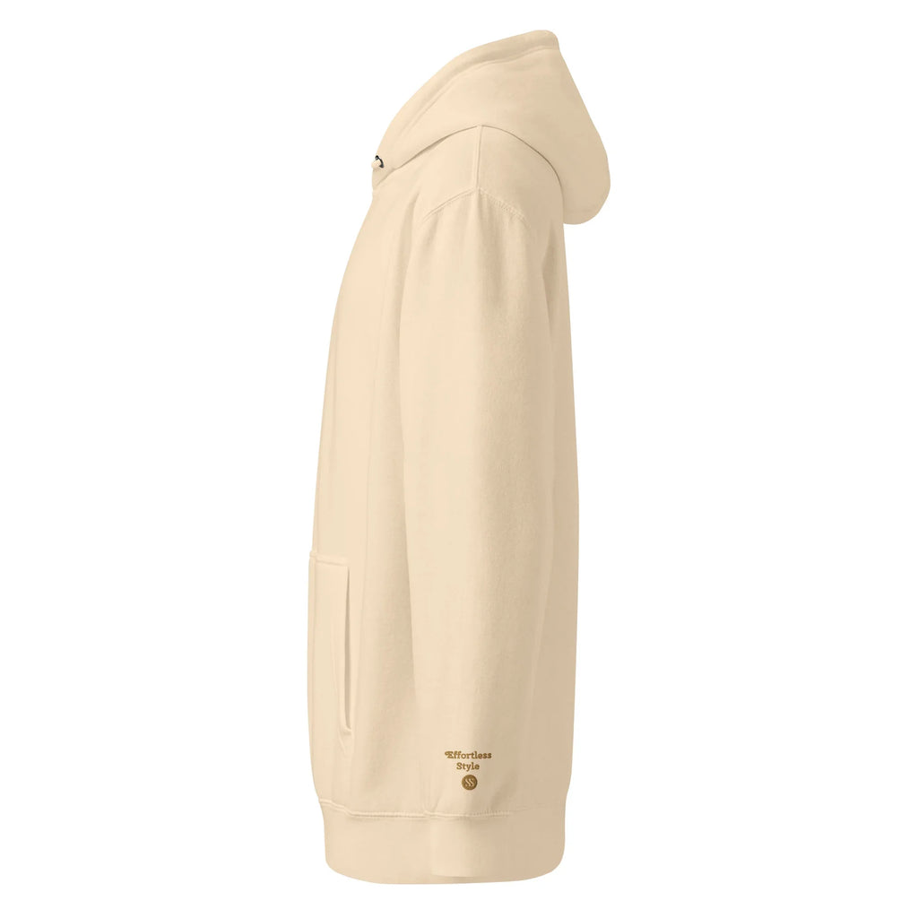 SAVANT NOIR beige luxury minimalist hoodie with side pocket and hood in a clean modern design