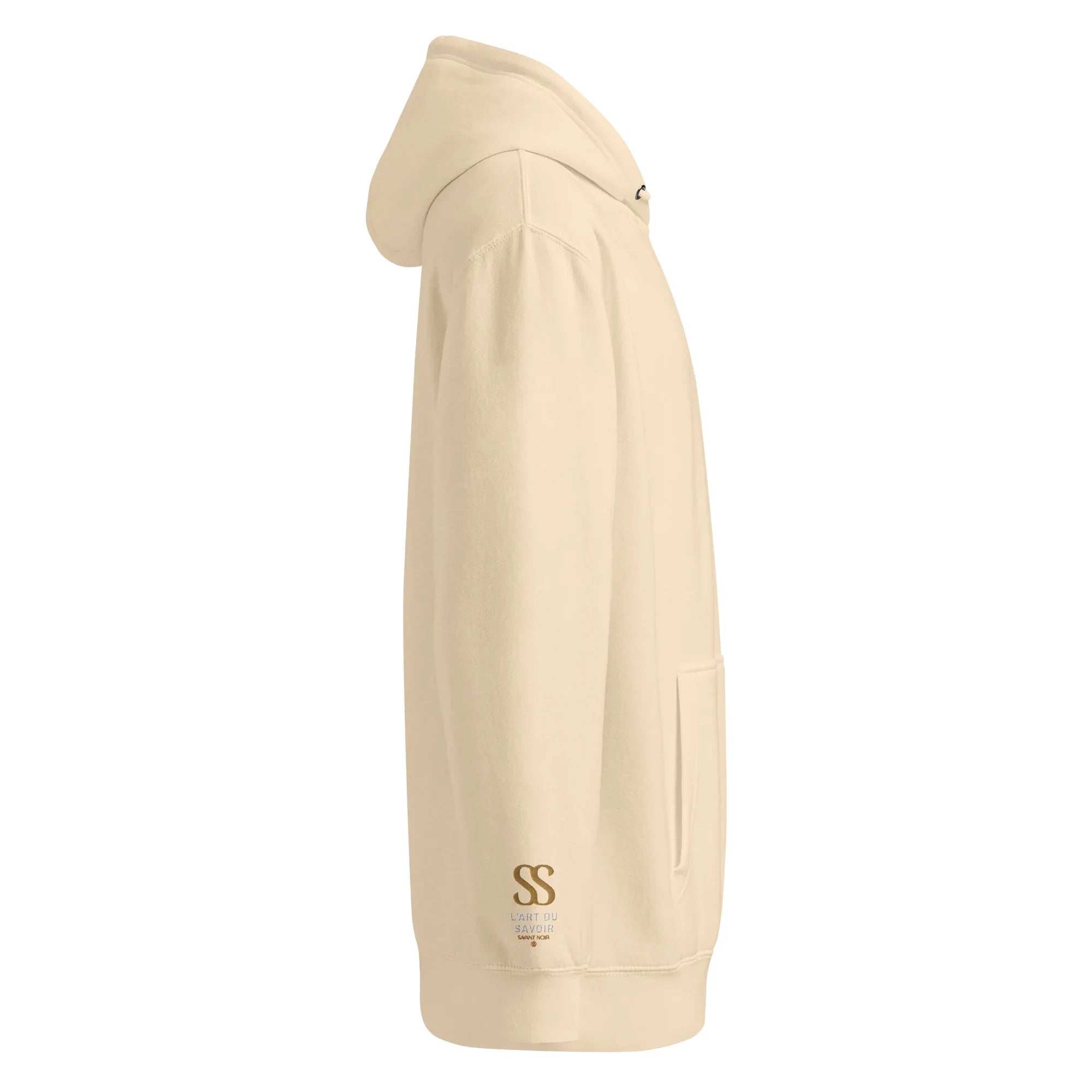 SAVANT NOIR luxury minimalist hoodie in beige with side pocket and subtle logo detail