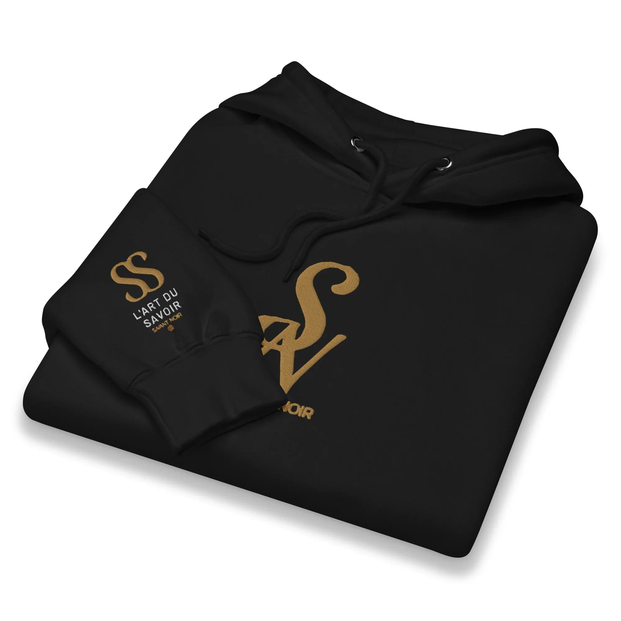 Black SAVANT NOIR luxury minimalist hoodie with gold logo and drawstring hood folded neatly