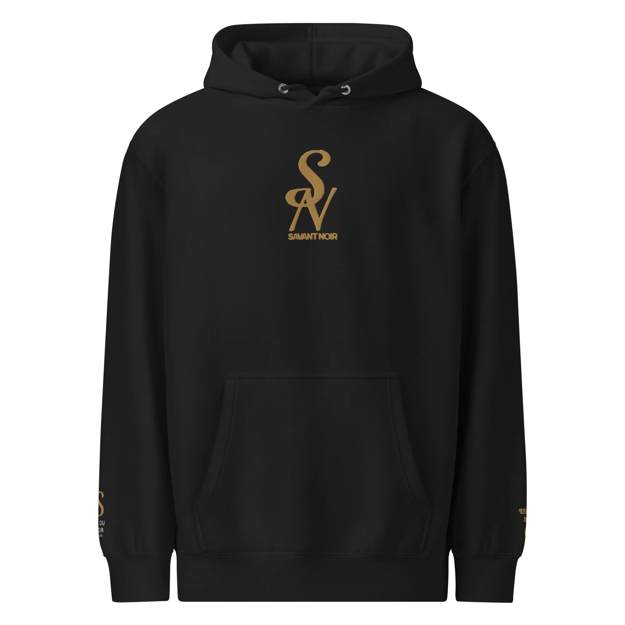SAVANT NOIR black luxury minimalist hoodie with gold logo print on chest and sleeve