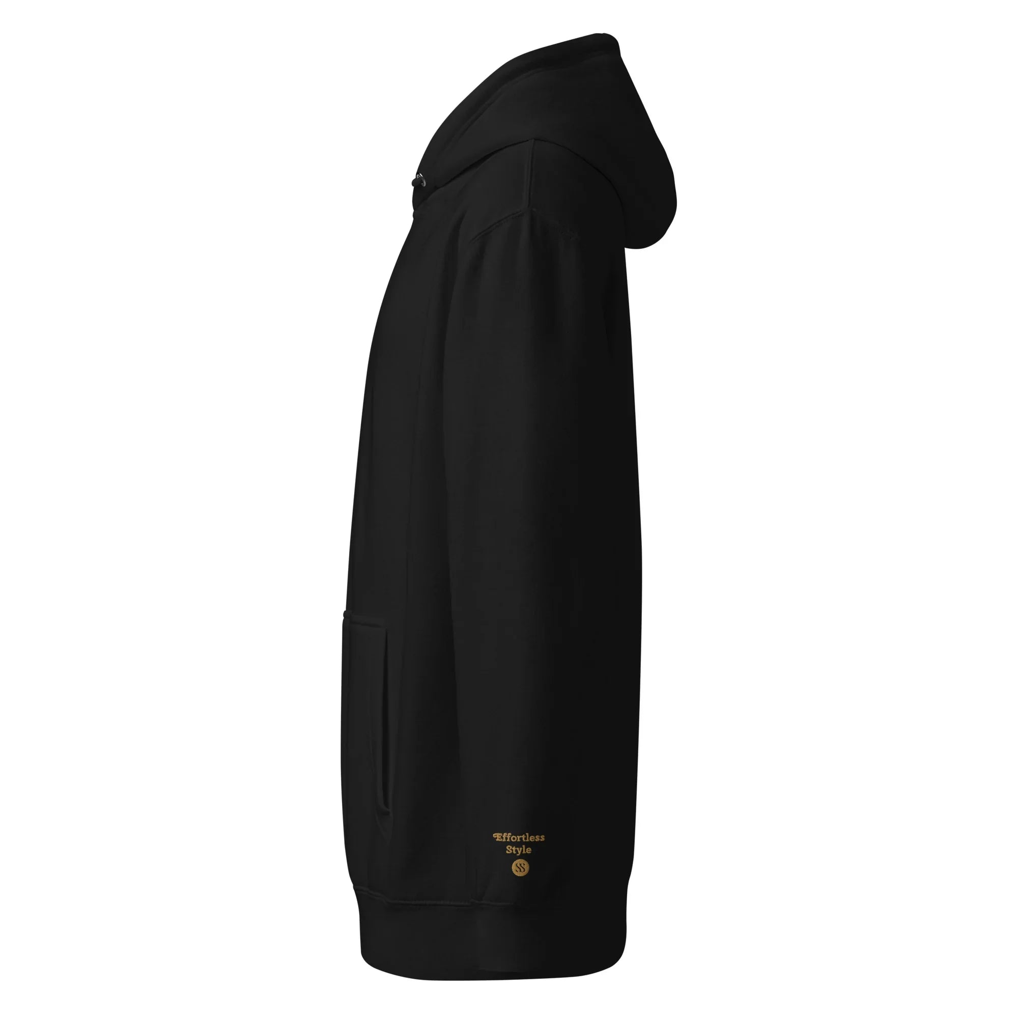 Black SAVANT NOIR luxury minimalist hoodie side view with hood and front pocket
