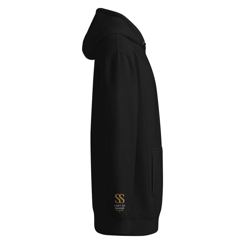 Black SAVANT NOIR luxury minimalist hoodie side view with front pocket and hood