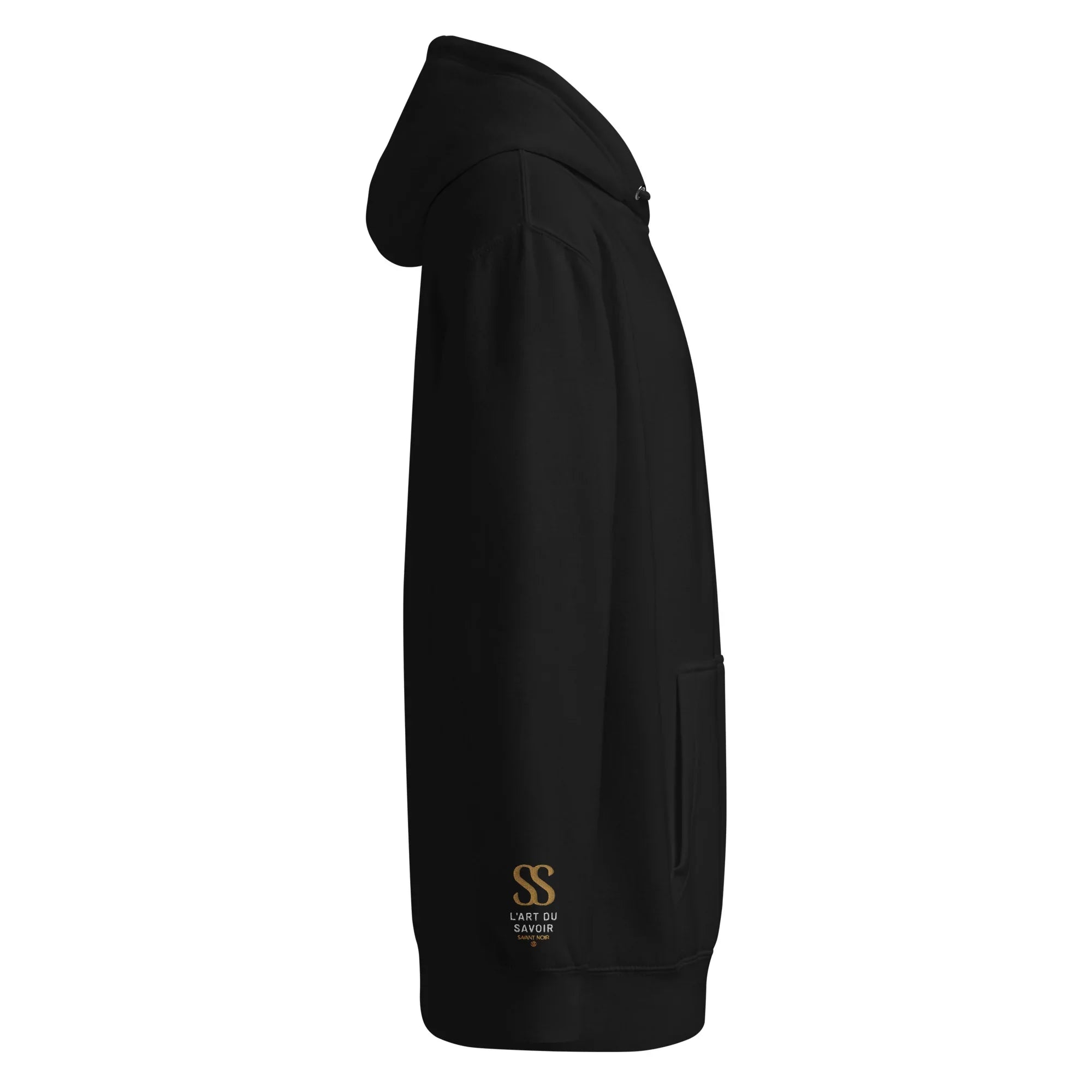 Black SAVANT NOIR luxury minimalist hoodie side view with front pocket and hood