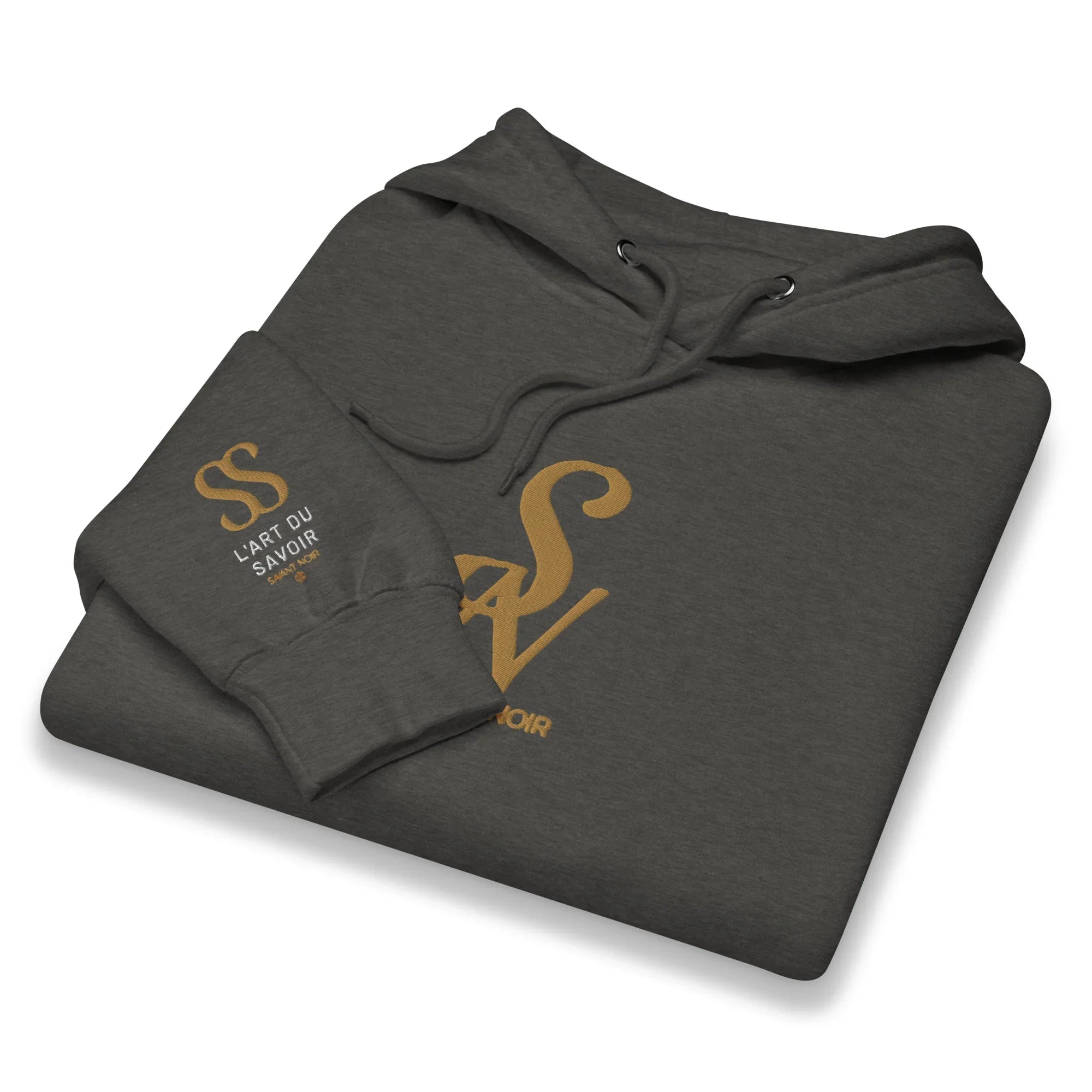 Folded SAVANT NOIR luxury minimalist hoodie in dark gray with gold logo print on chest and sleeve