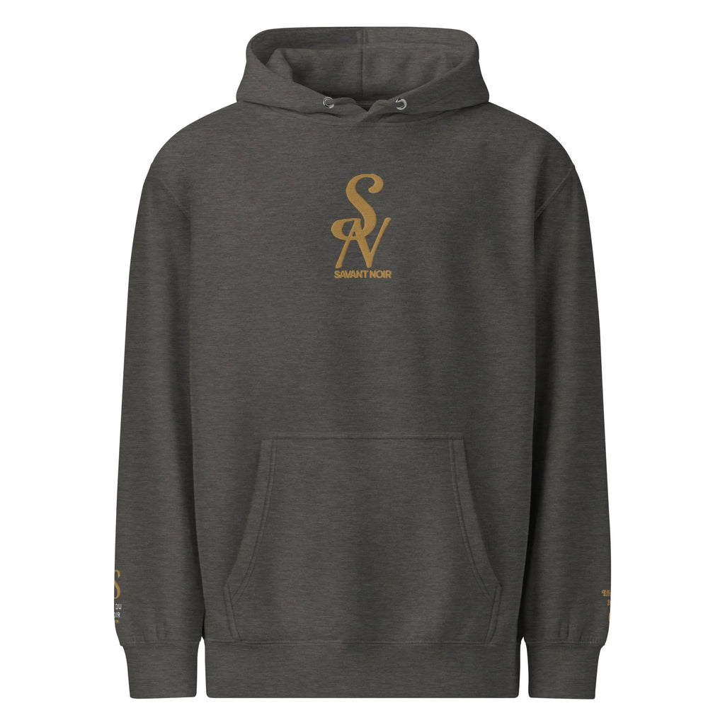 SAVANT NOIR luxury minimalist hoodie in dark gray with gold logo and front kangaroo pocket