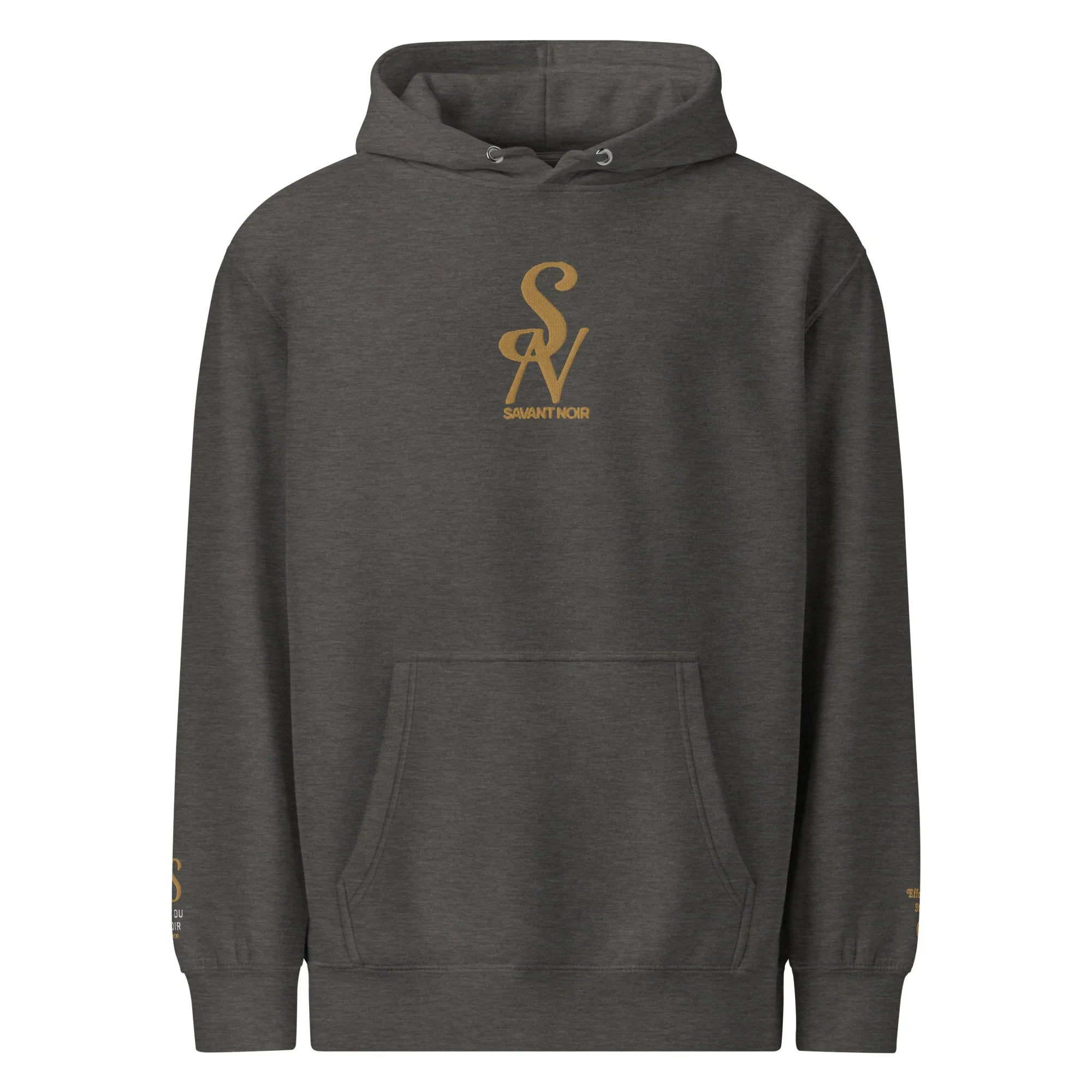 SAVANT NOIR luxury minimalist hoodie in dark gray with gold logo and front kangaroo pocket