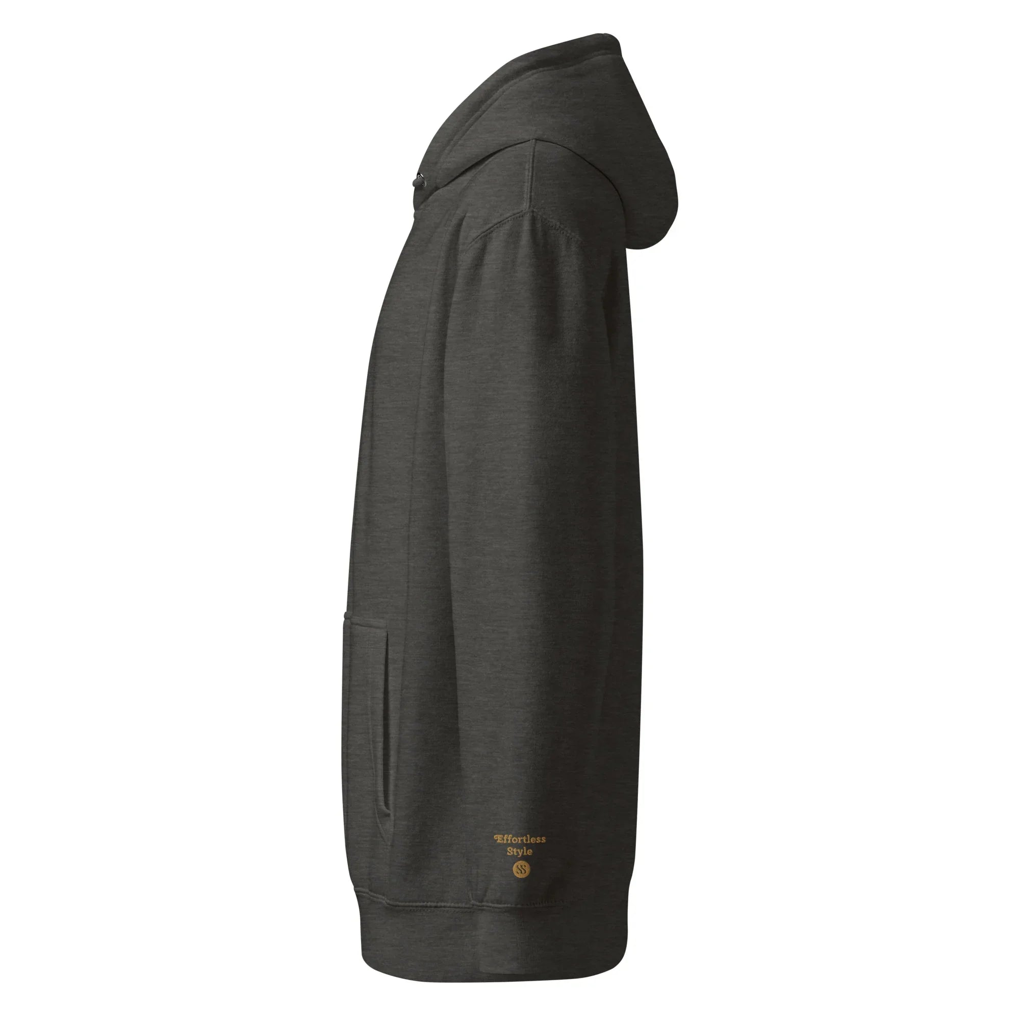 SAVANT NOIR luxury minimalist hoodie in dark gray side view with hood and front pocket
