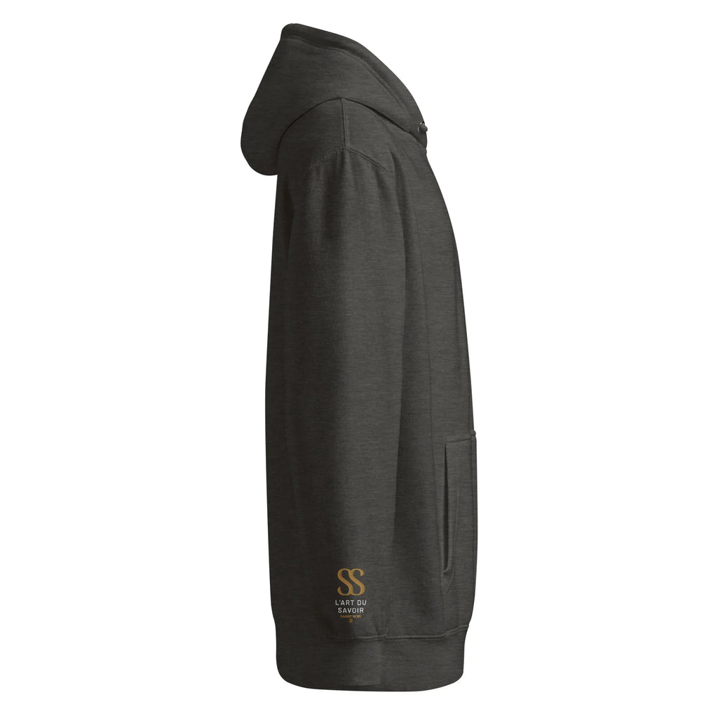 SAVANT NOIR luxury minimalist hoodie in dark gray with side profile showing hood and pocket design