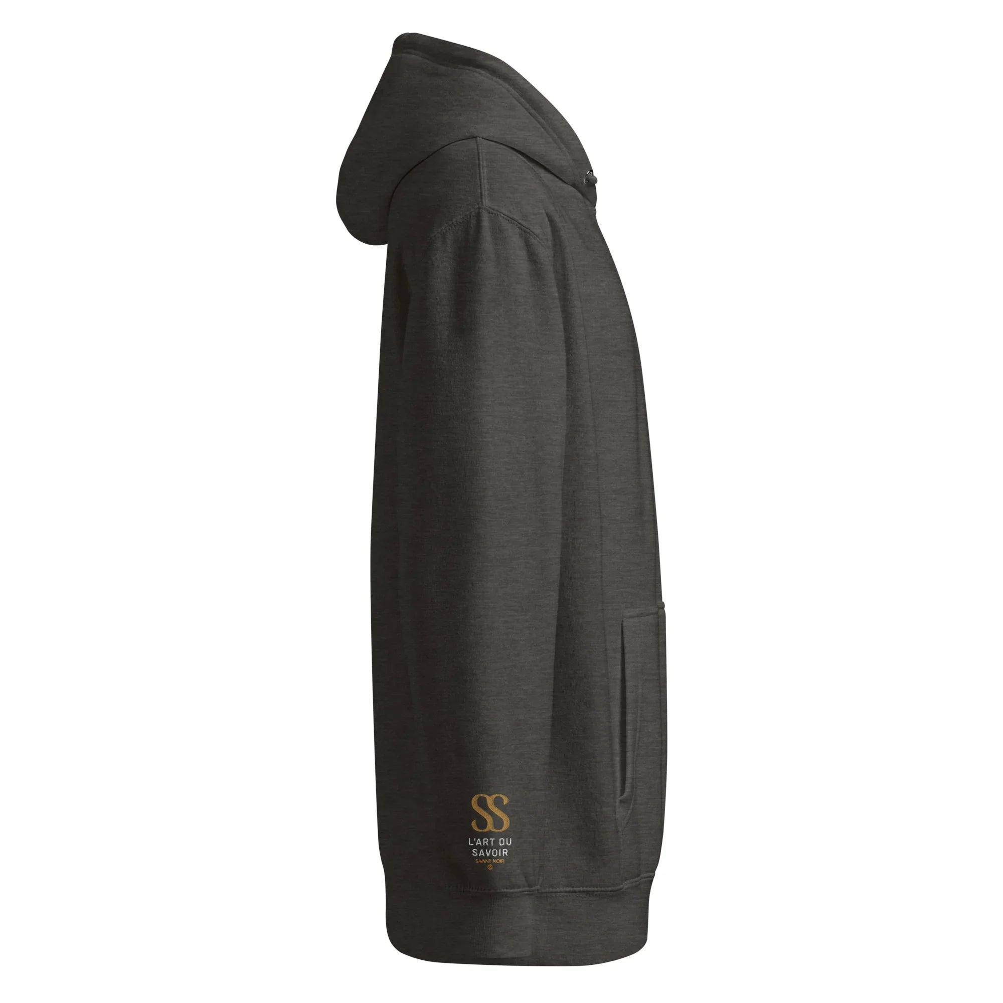 SAVANT NOIR luxury minimalist hoodie in dark gray with side profile showing hood and pocket design