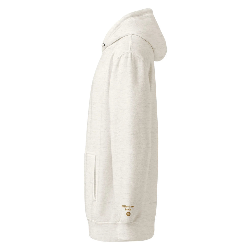 SAVANT NOIR luxury minimalist hoodie in light beige side view with hood and front pocket