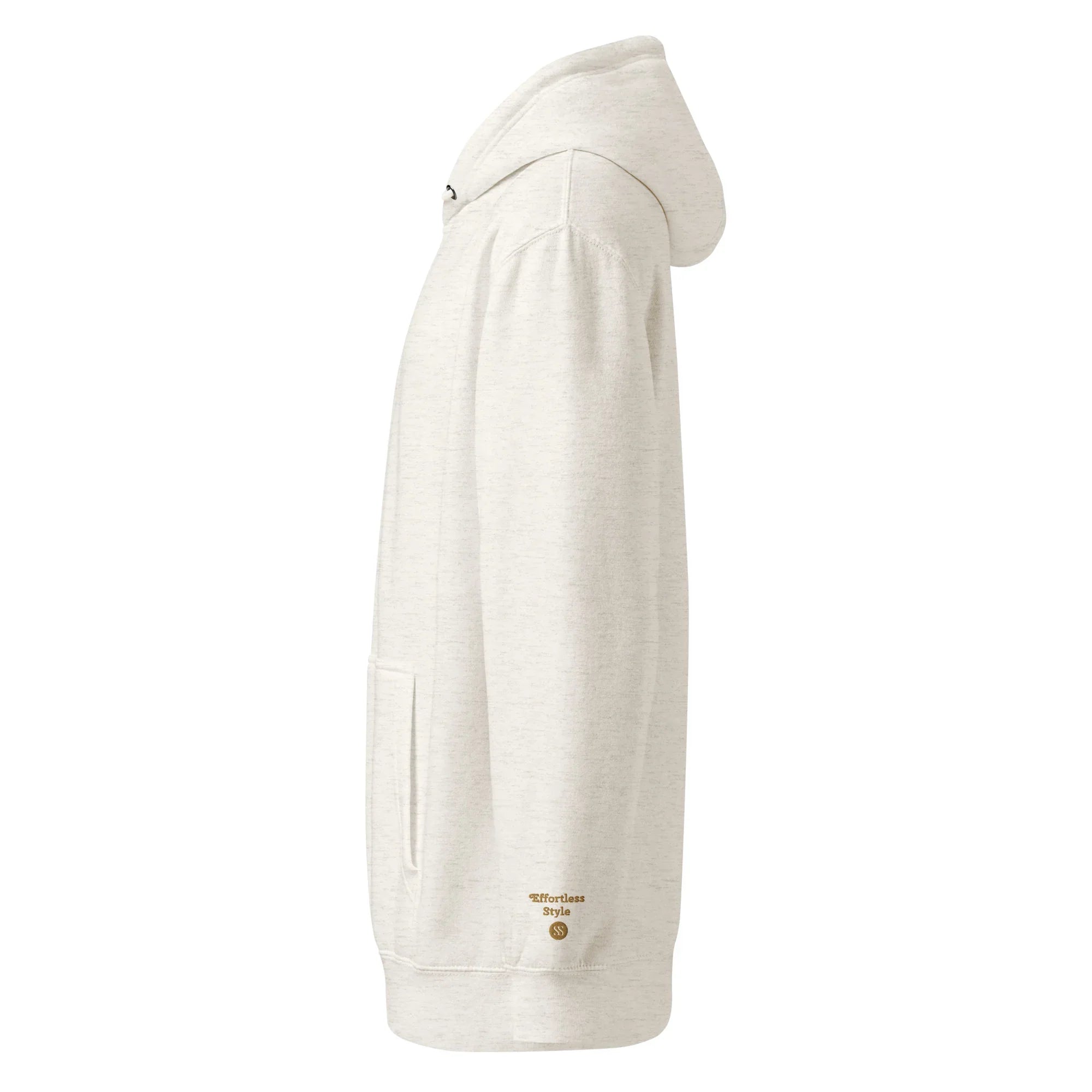 SAVANT NOIR luxury minimalist hoodie in light beige side view with hood and front pocket