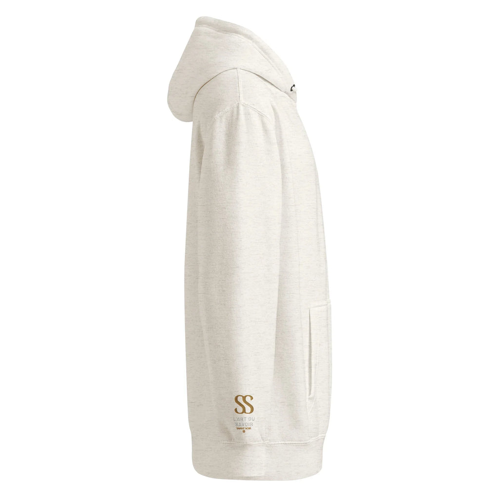 SAVANT NOIR cream luxury minimalist hoodie with hood and front pocket side view