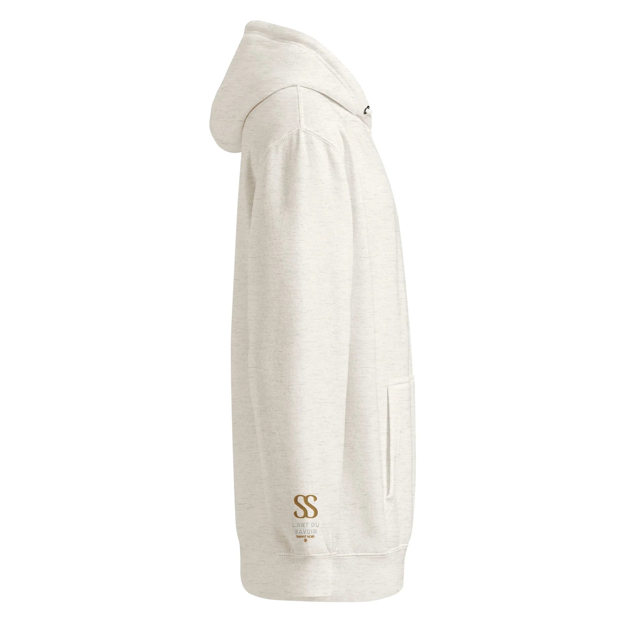 SAVANT NOIR cream luxury minimalist hoodie with hood and front pocket side view