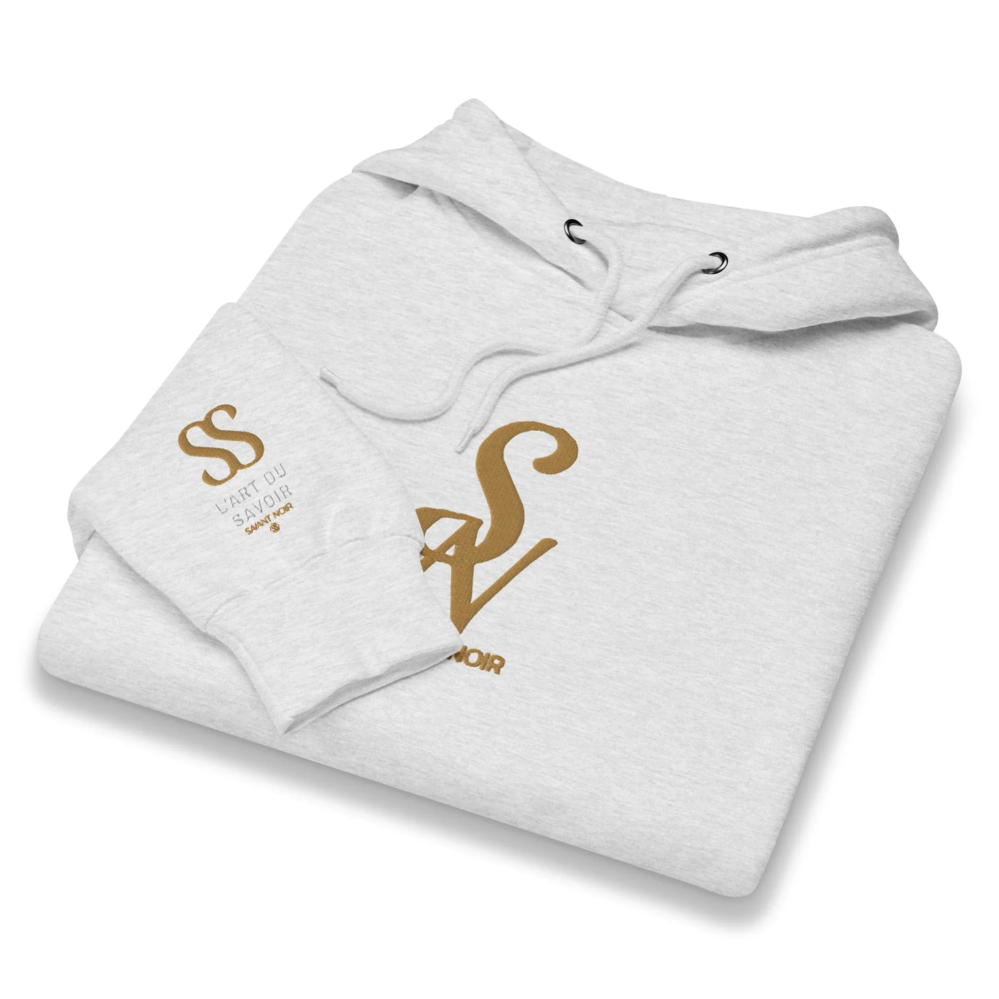 Folded white luxury minimalist hoodie by SAVANT NOIR with gold logo print on chest and sleeve