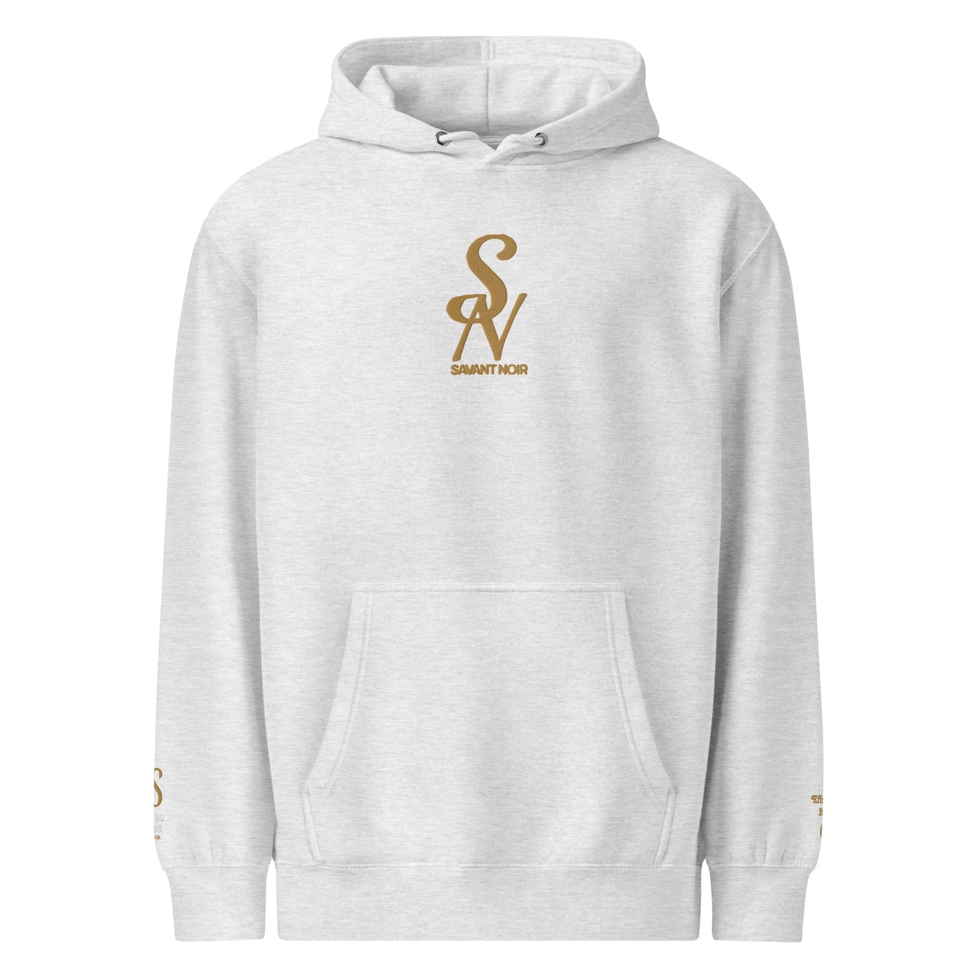 SAVANT NOIR luxury minimalist hoodie in light gray with gold logo and kangaroo pocket