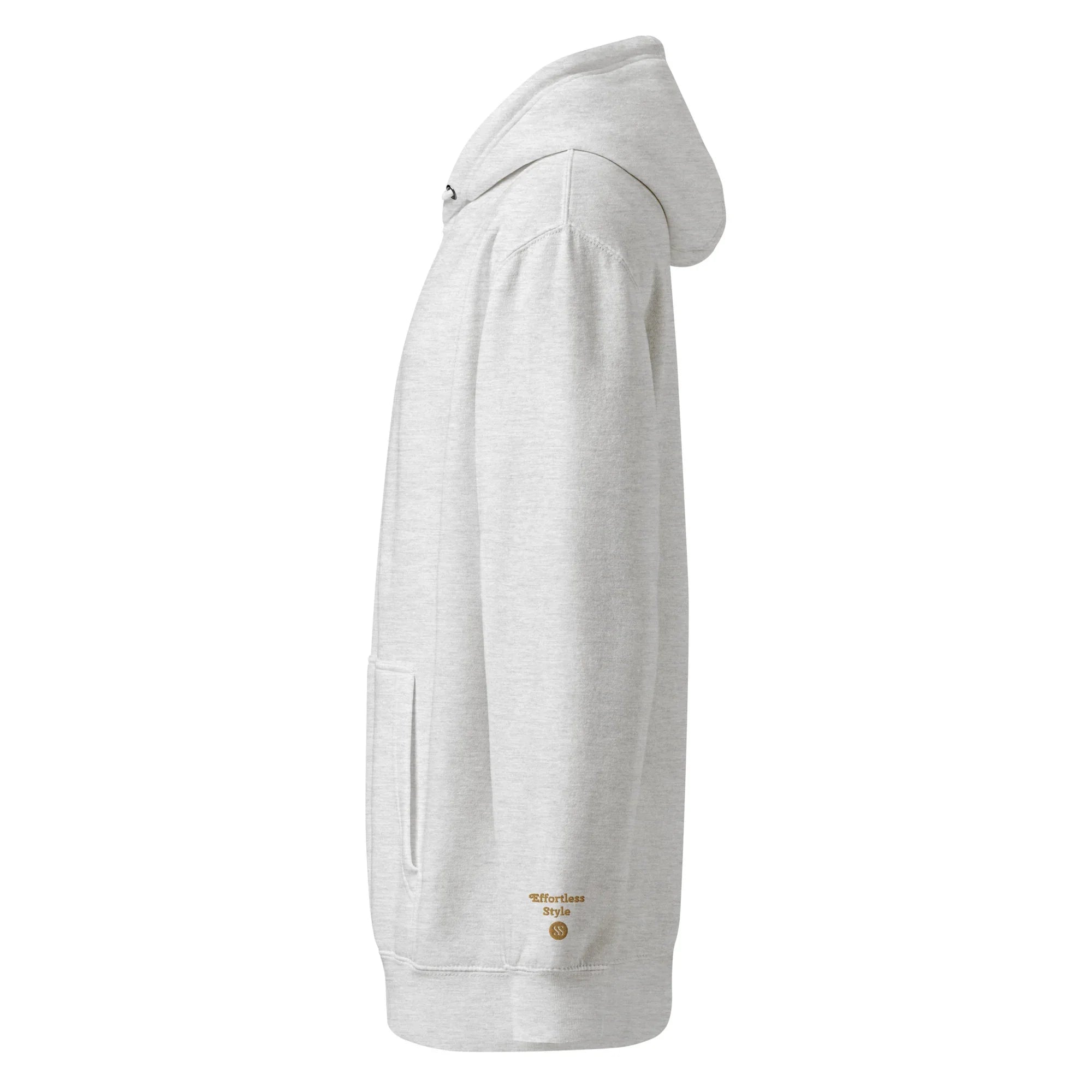 SAVANT NOIR luxury minimalist hoodie in light gray side view with front pocket and hood