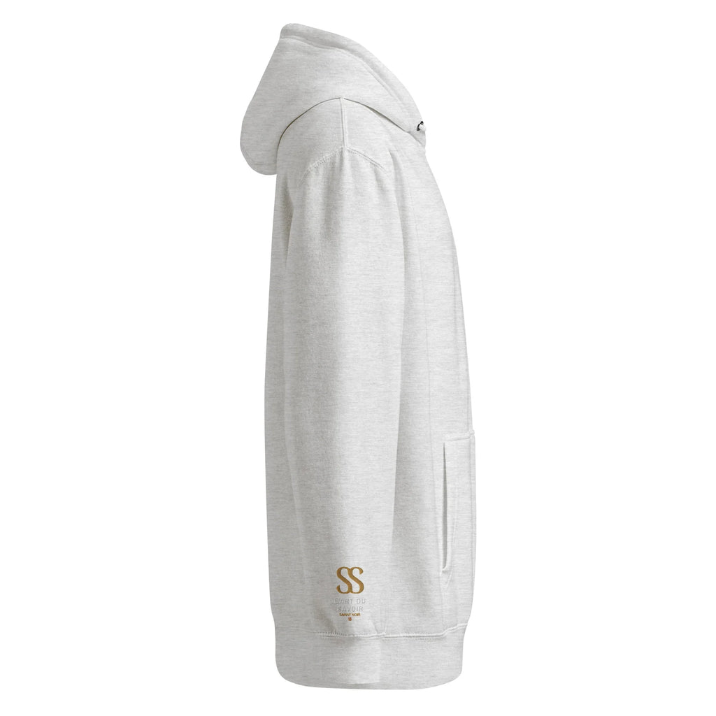 SAVANT NOIR luxury minimalist hoodie in light gray with front pocket and subtle logo detail