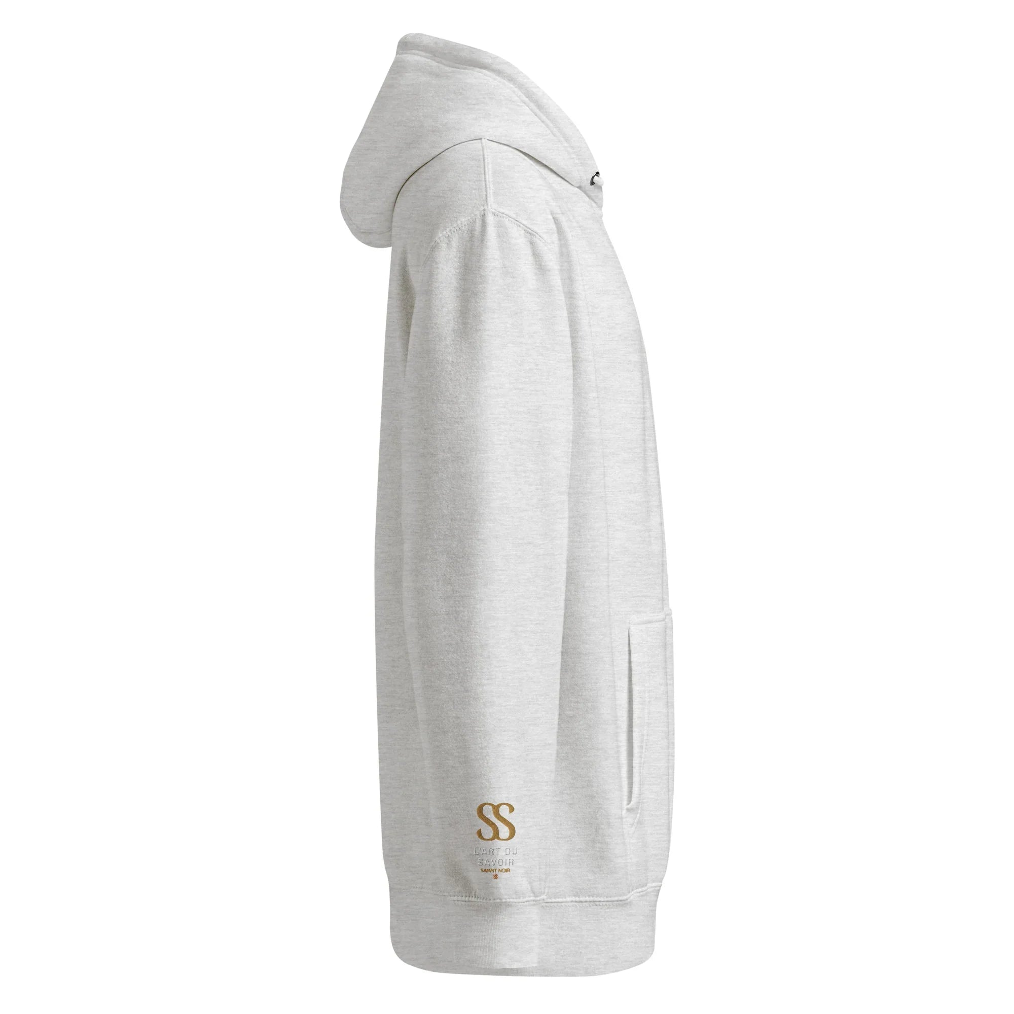SAVANT NOIR luxury minimalist hoodie in light gray with front pocket and subtle logo detail