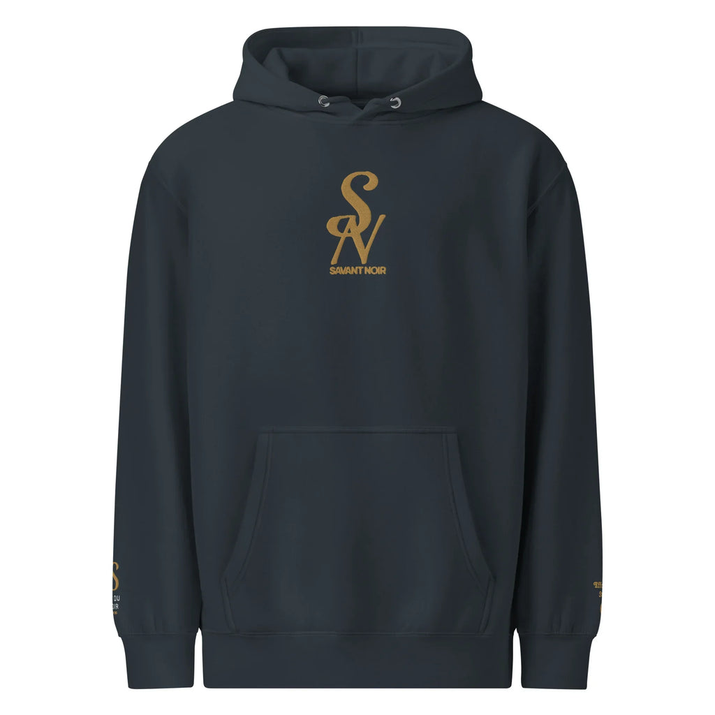 SAVANT NOIR black luxury minimalist hoodie with gold logo on chest and sleeve details