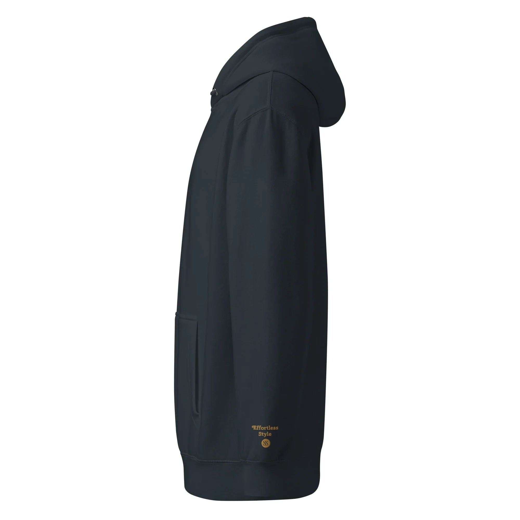 SAVANT NOIR black luxury minimalist hoodie with side view and hood in simple design