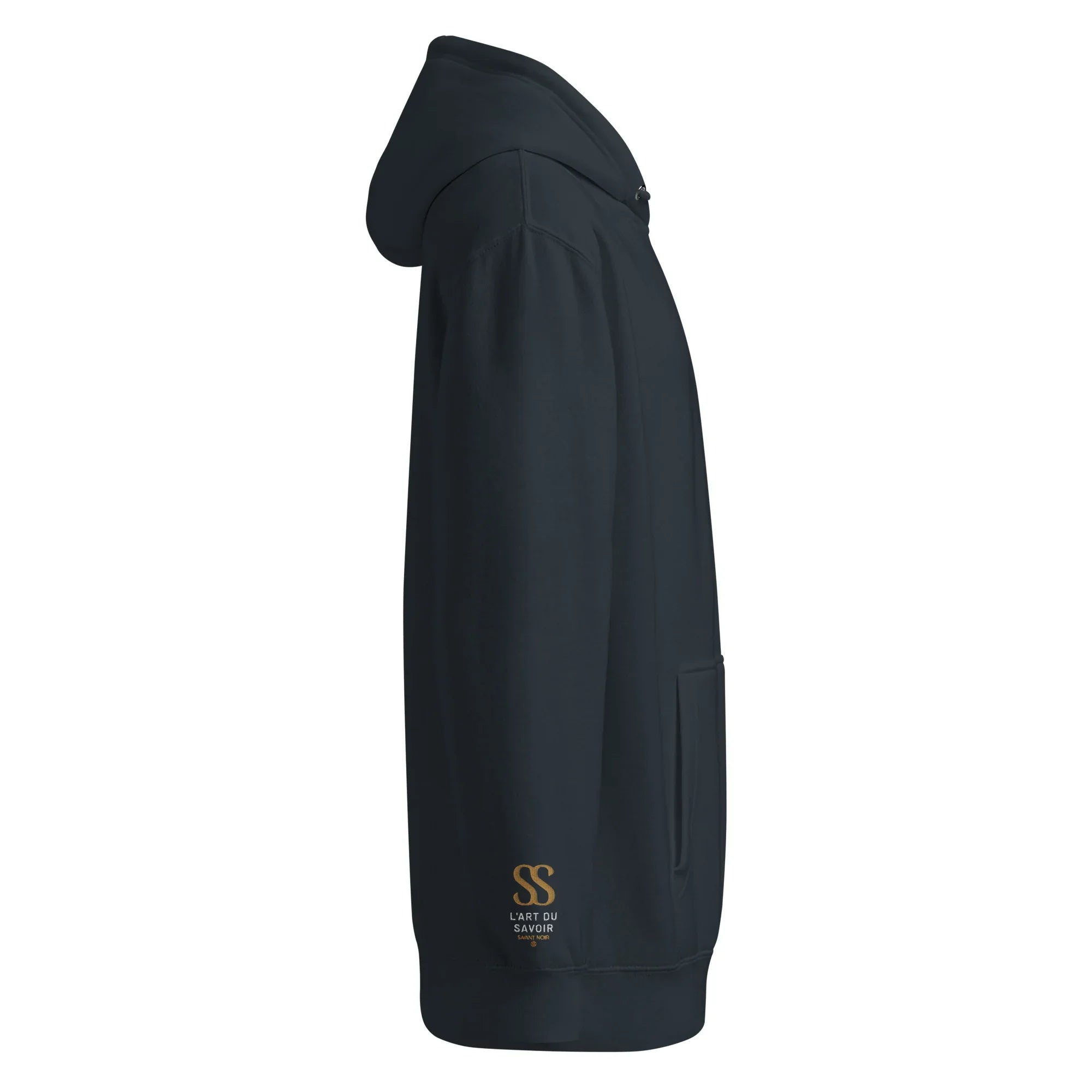 SAVANT NOIR black luxury minimalist hoodie side view with hood and front pocket