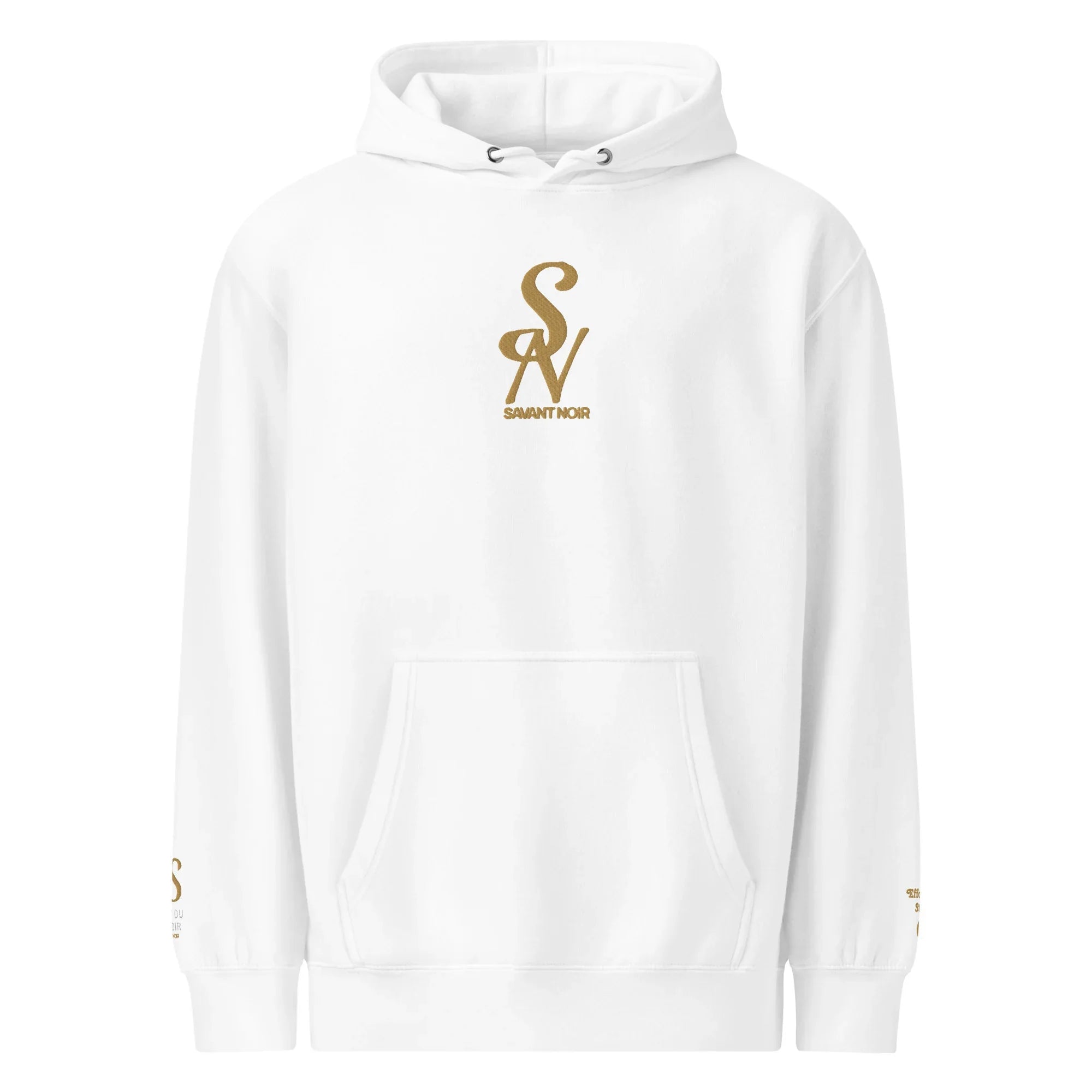 White luxury minimalist hoodie by SAVANT NOIR with gold logo on chest and sleeve detailing