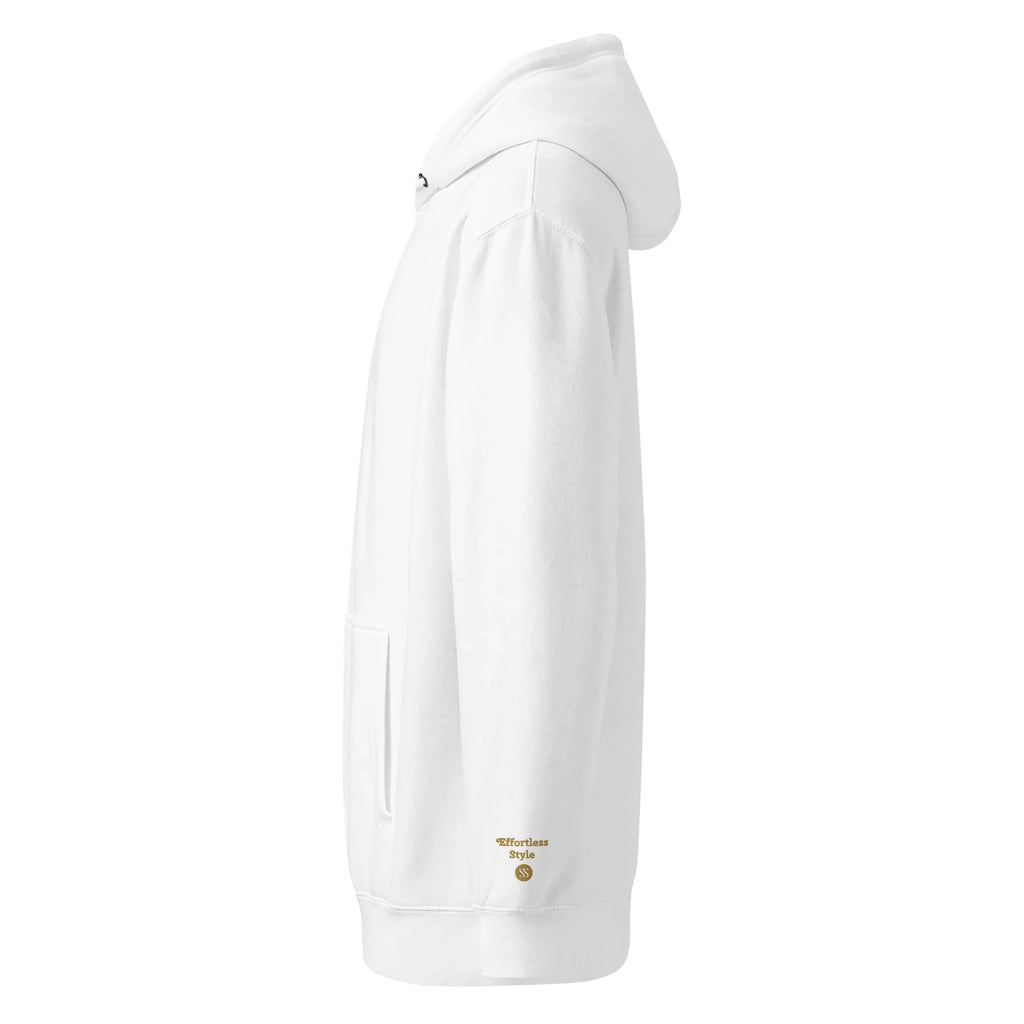 SAVANT NOIR white luxury minimalist hoodie with side pocket and subtle gold logo embroidery