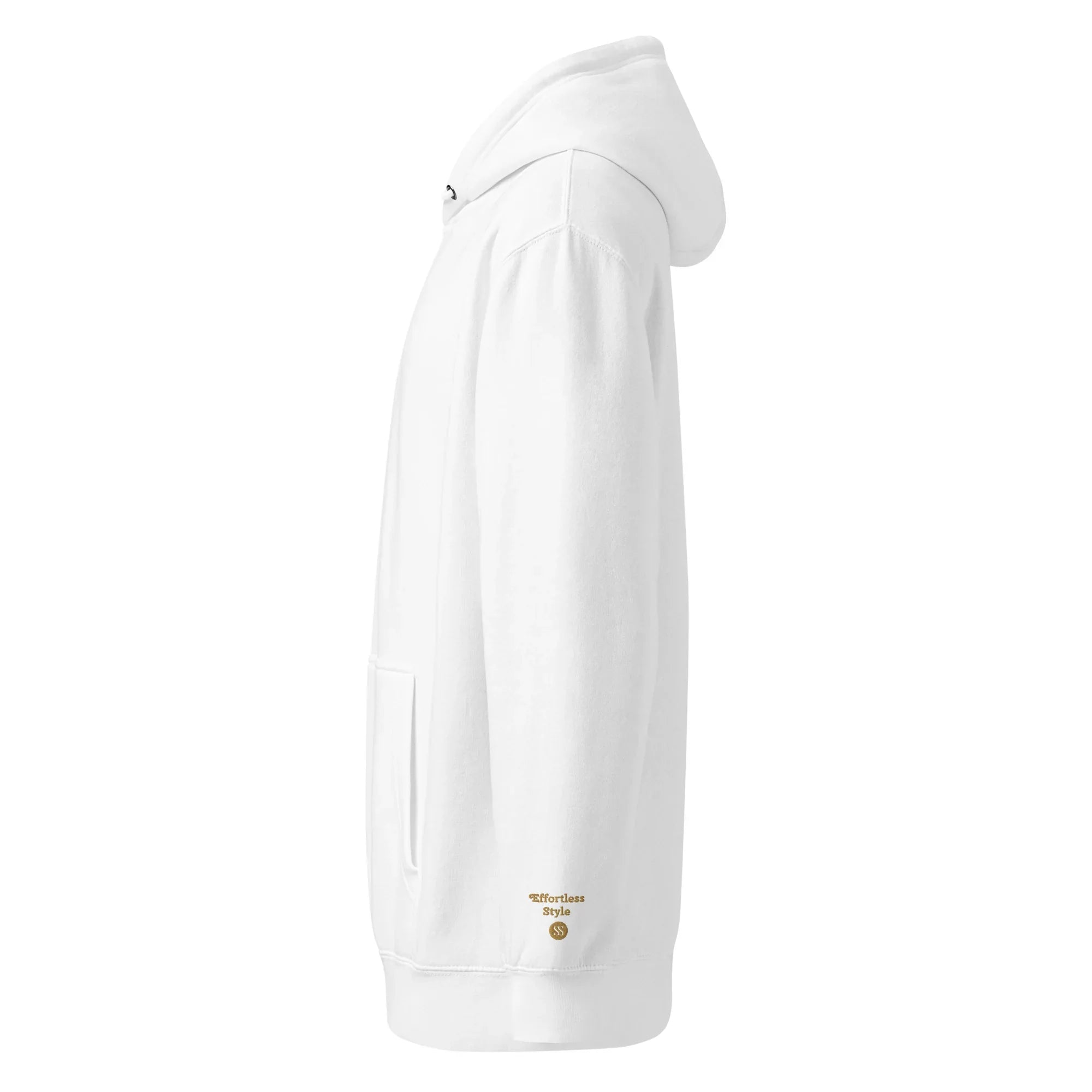 SAVANT NOIR white luxury minimalist hoodie with side pocket and subtle gold logo embroidery
