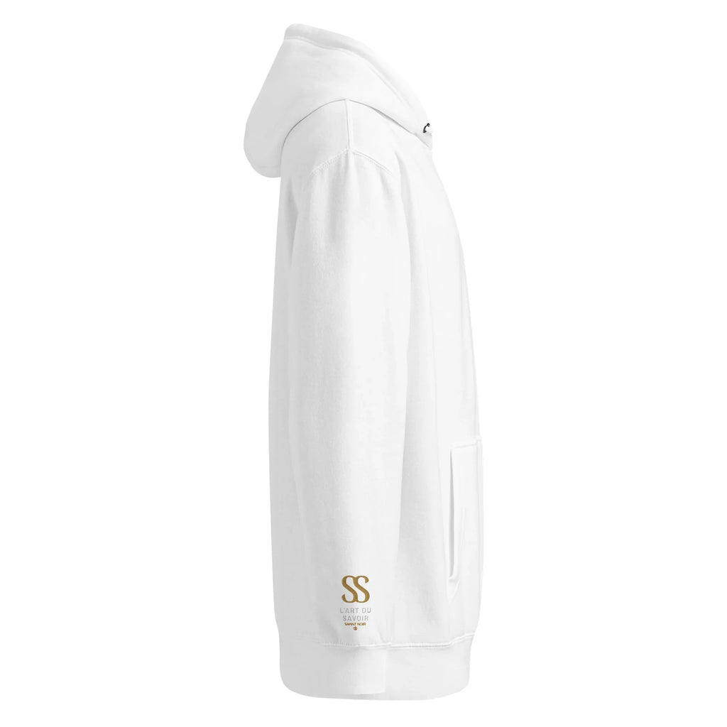 White luxury minimalist hoodie by SAVANT NOIR with clean design and subtle logo on sleeve