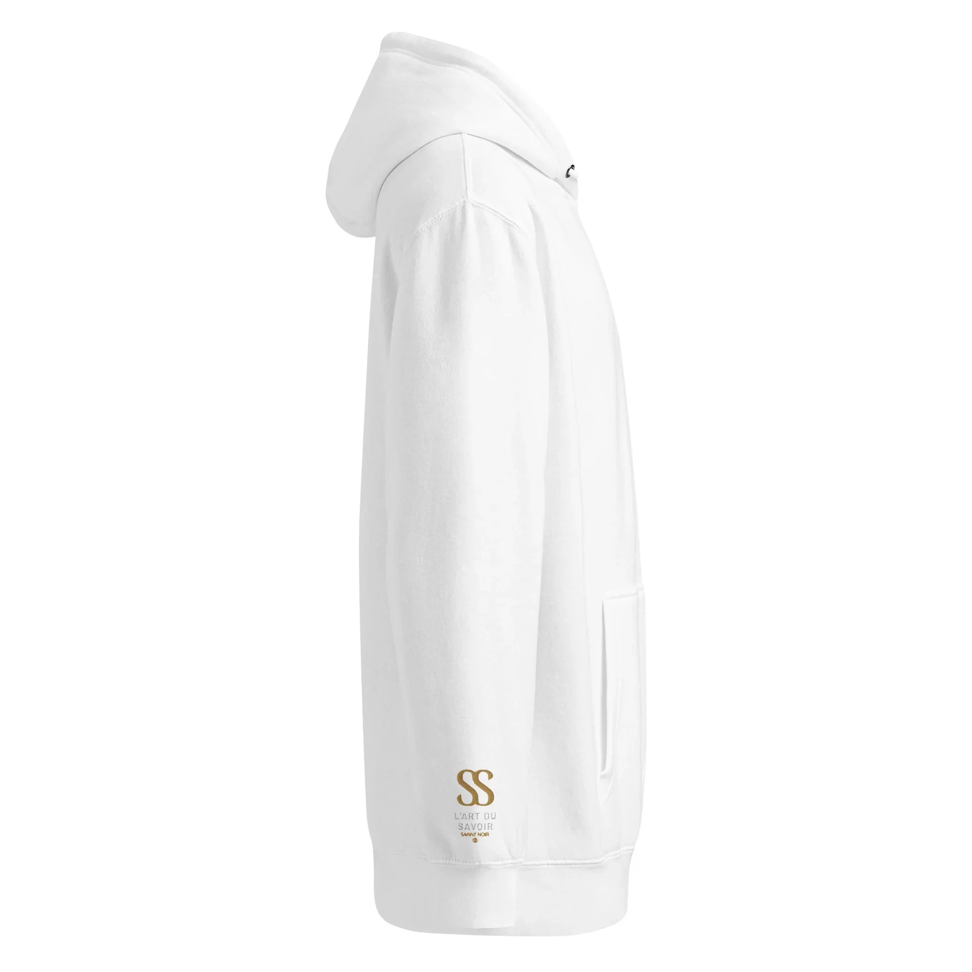White luxury minimalist hoodie by SAVANT NOIR with clean design and subtle logo on sleeve