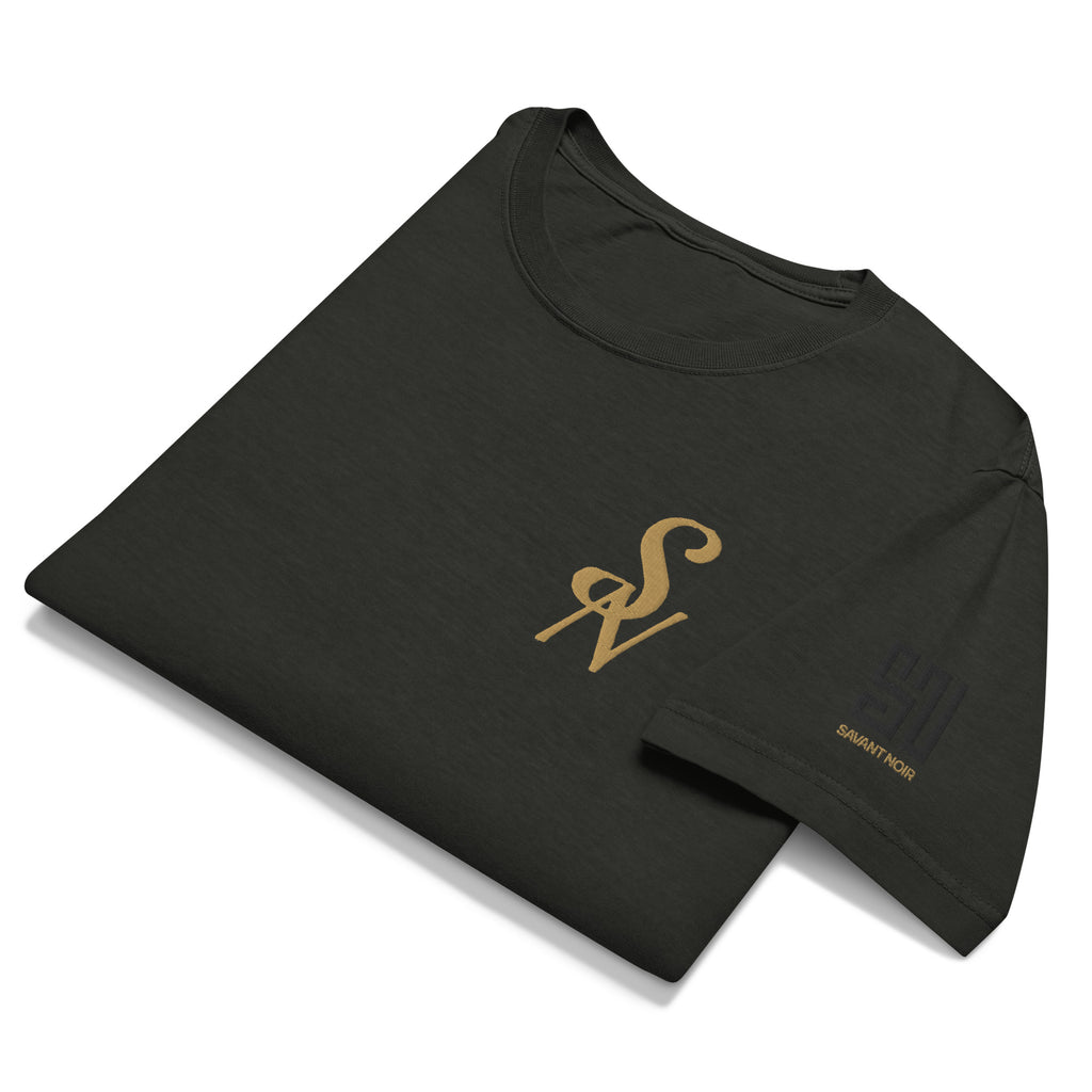 SAVANT NOIR black luxury minimalist t shirt with gold logo on chest and small text on sleeve