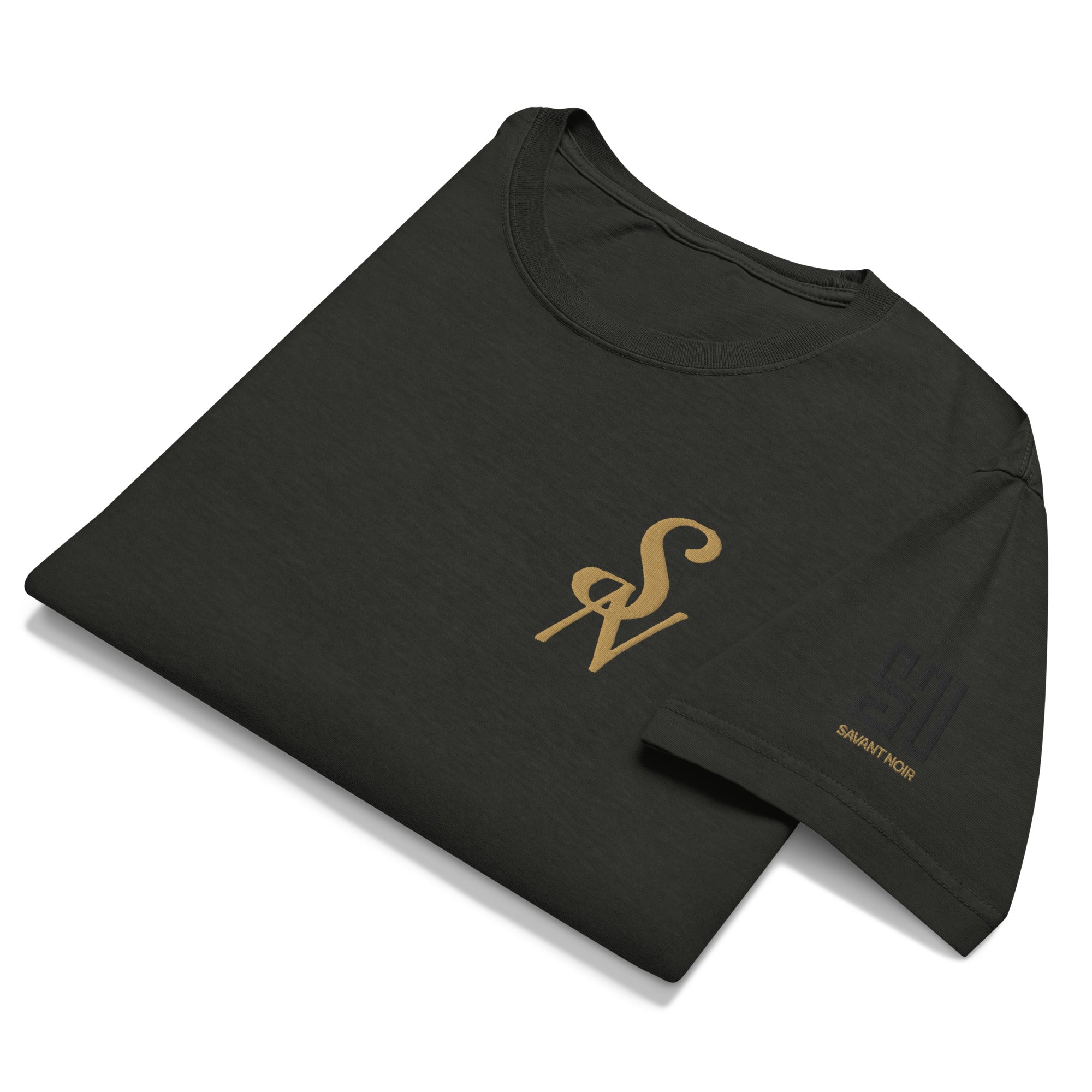 SAVANT NOIR black luxury minimalist t shirt with gold logo on chest and small text on sleeve