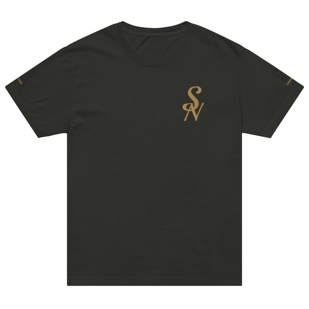 SAVANT NOIR luxury minimalist t shirt in black with small gold logo on chest and sleeves