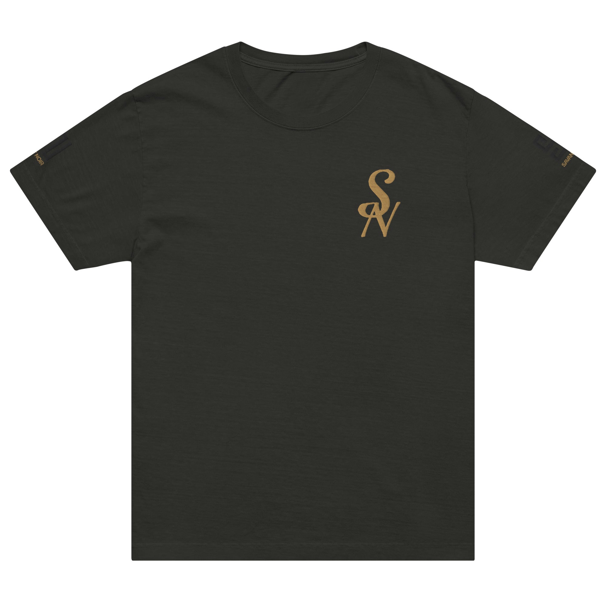 SAVANT NOIR luxury minimalist t shirt in black with small gold logo on chest and sleeves