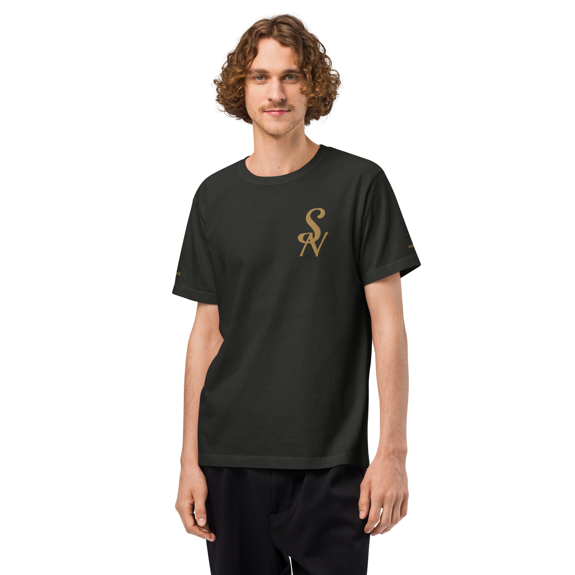SAVANT NOIR black luxury minimalist t shirt with gold logo worn by male model