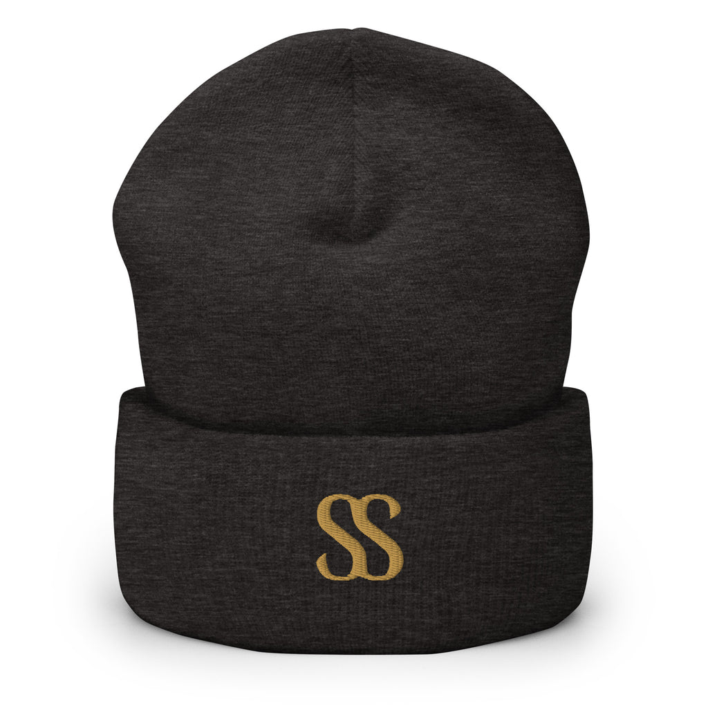 Luxury black cuffed beanie by SAVANT NOIR with gold embroidered SS logo