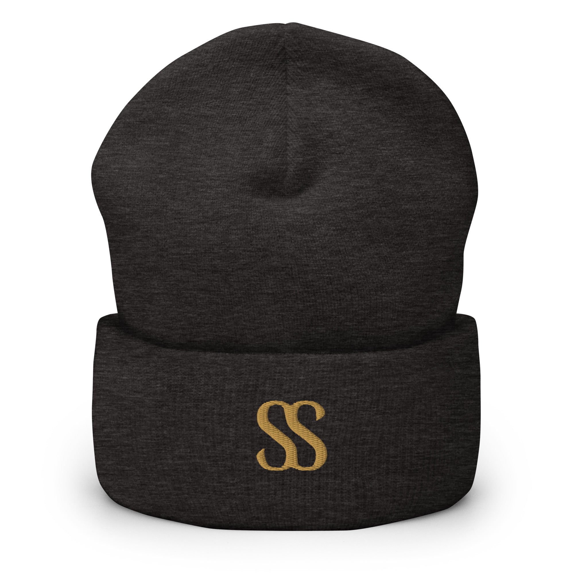 Luxury black cuffed beanie by SAVANT NOIR with gold embroidered SS logo