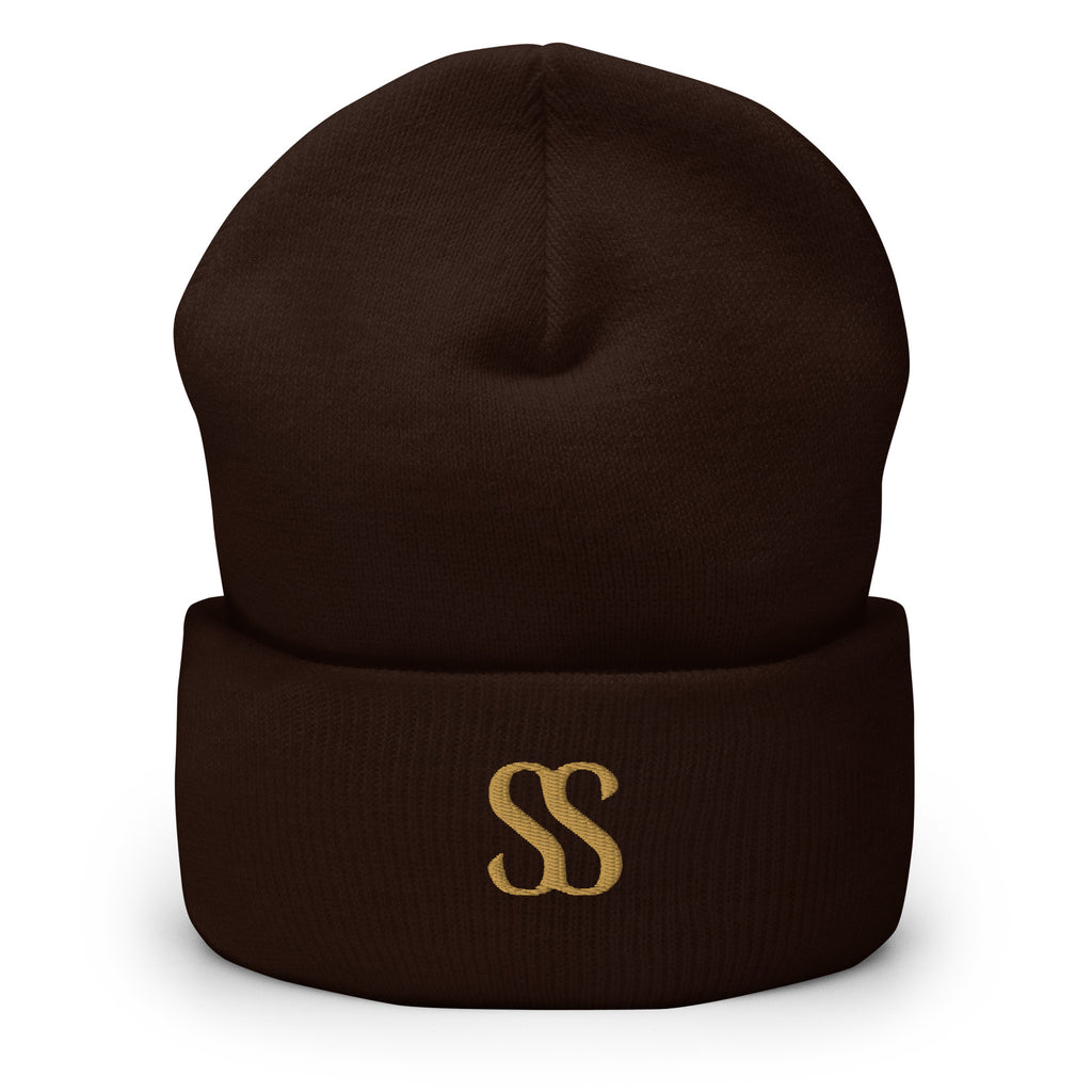 SAVANT NOIR luxury black cuffed beanie with gold SS logo embroidery on front