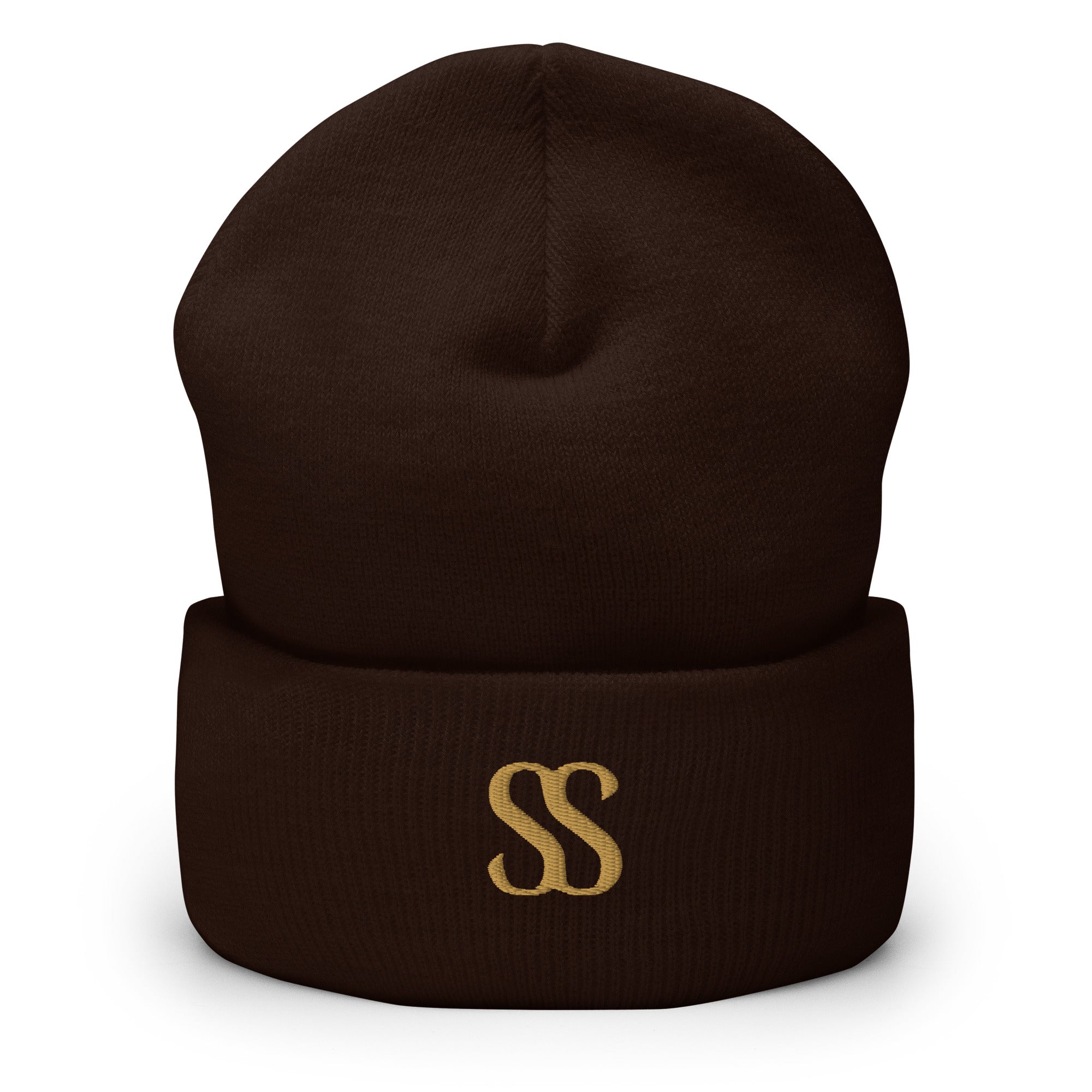 SAVANT NOIR luxury black cuffed beanie with gold SS logo embroidery on front