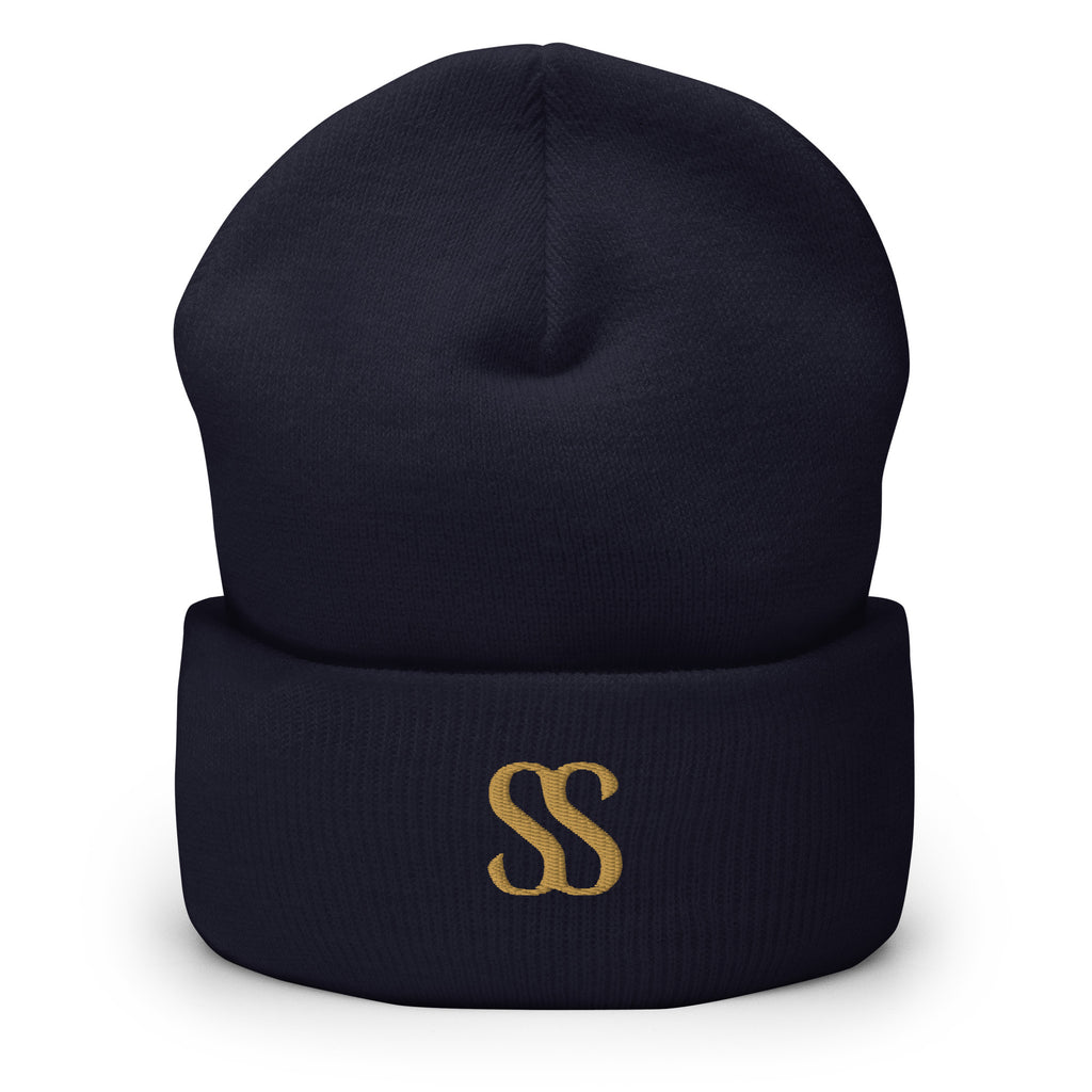 Luxury black cuffed beanie from SAVANT NOIR with gold SS embroidery on front cuff