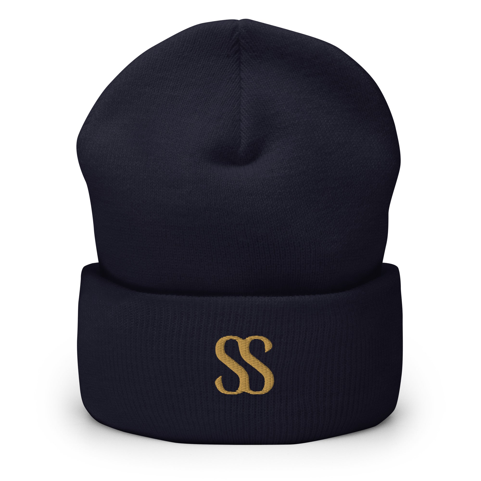 Luxury black cuffed beanie from SAVANT NOIR with gold SS embroidery on front cuff