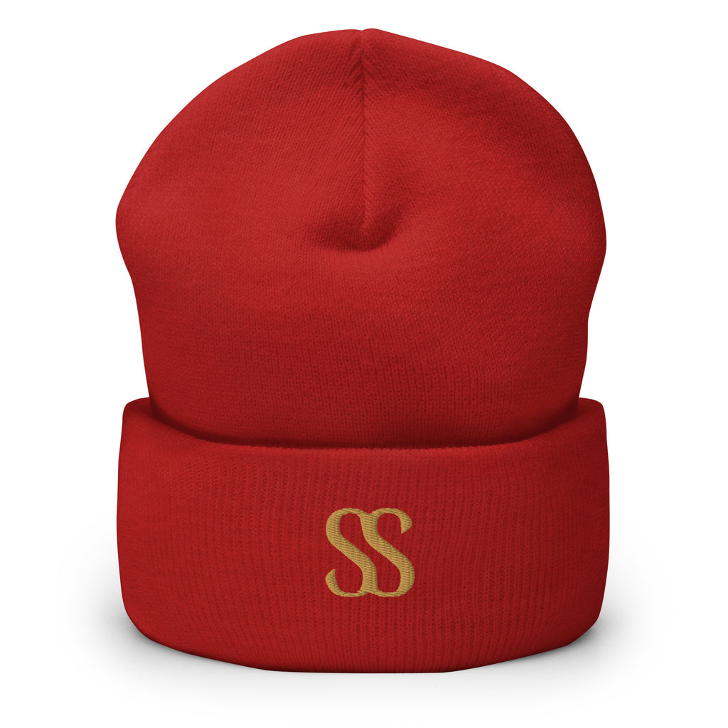 SAVANT NOIR luxury black cuffed beanie in red with gold SS logo embroidery