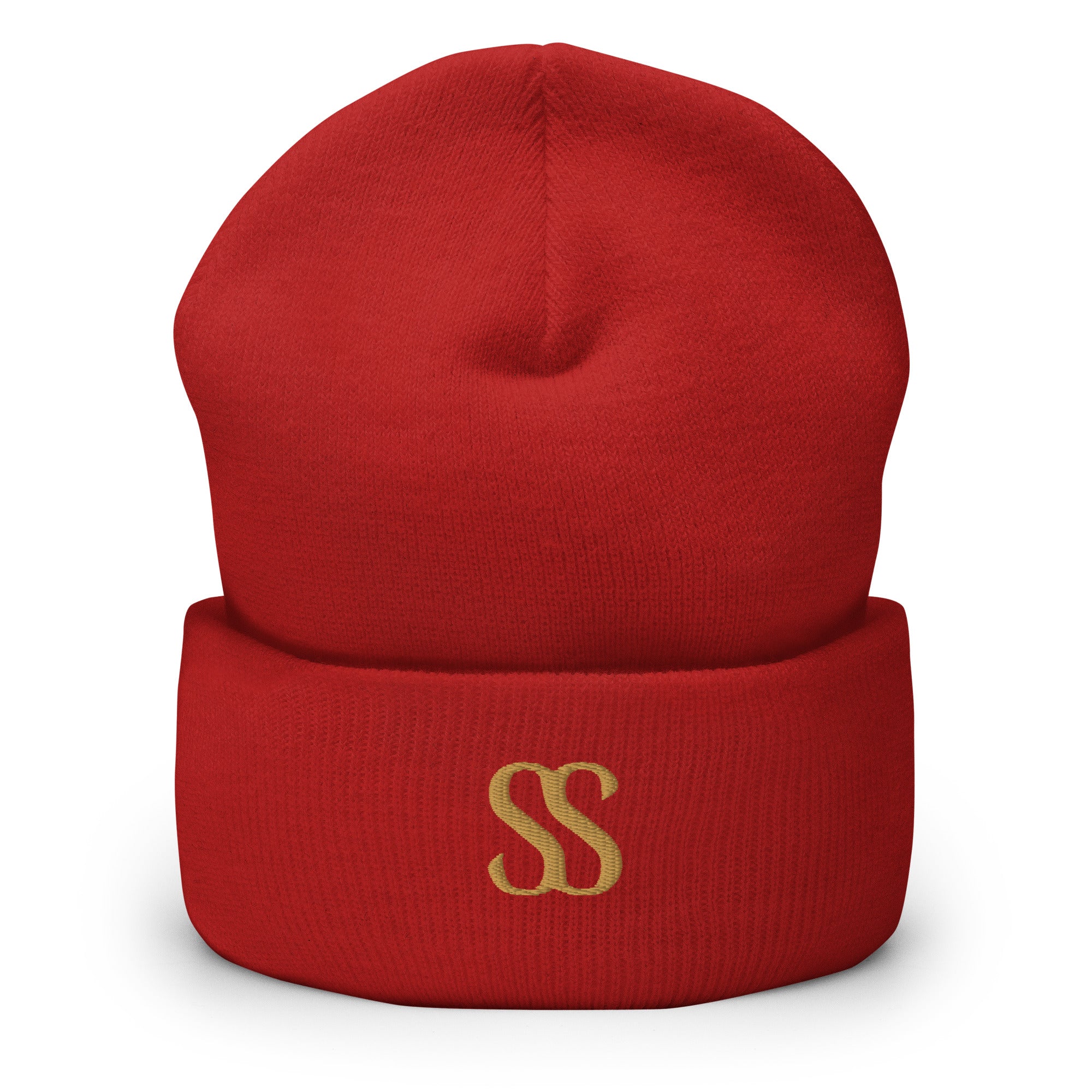 SAVANT NOIR luxury black cuffed beanie in red with gold SS logo embroidery