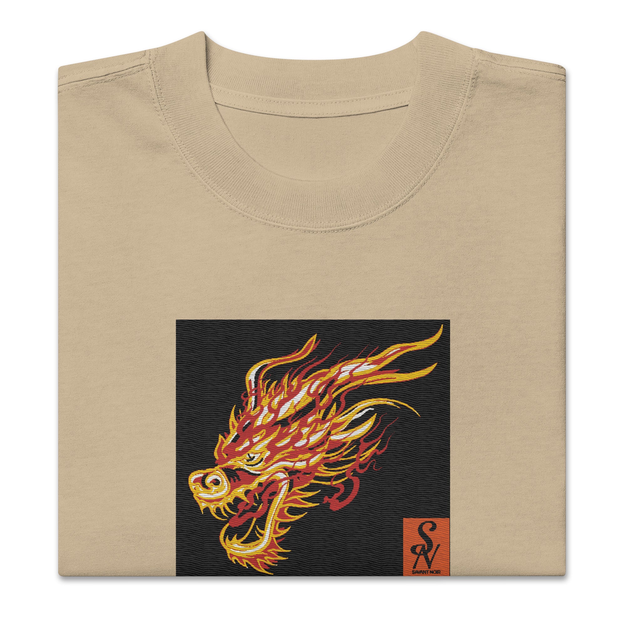 SAVANT NOIR beige premium dragon print shirt with fiery dragon design on front